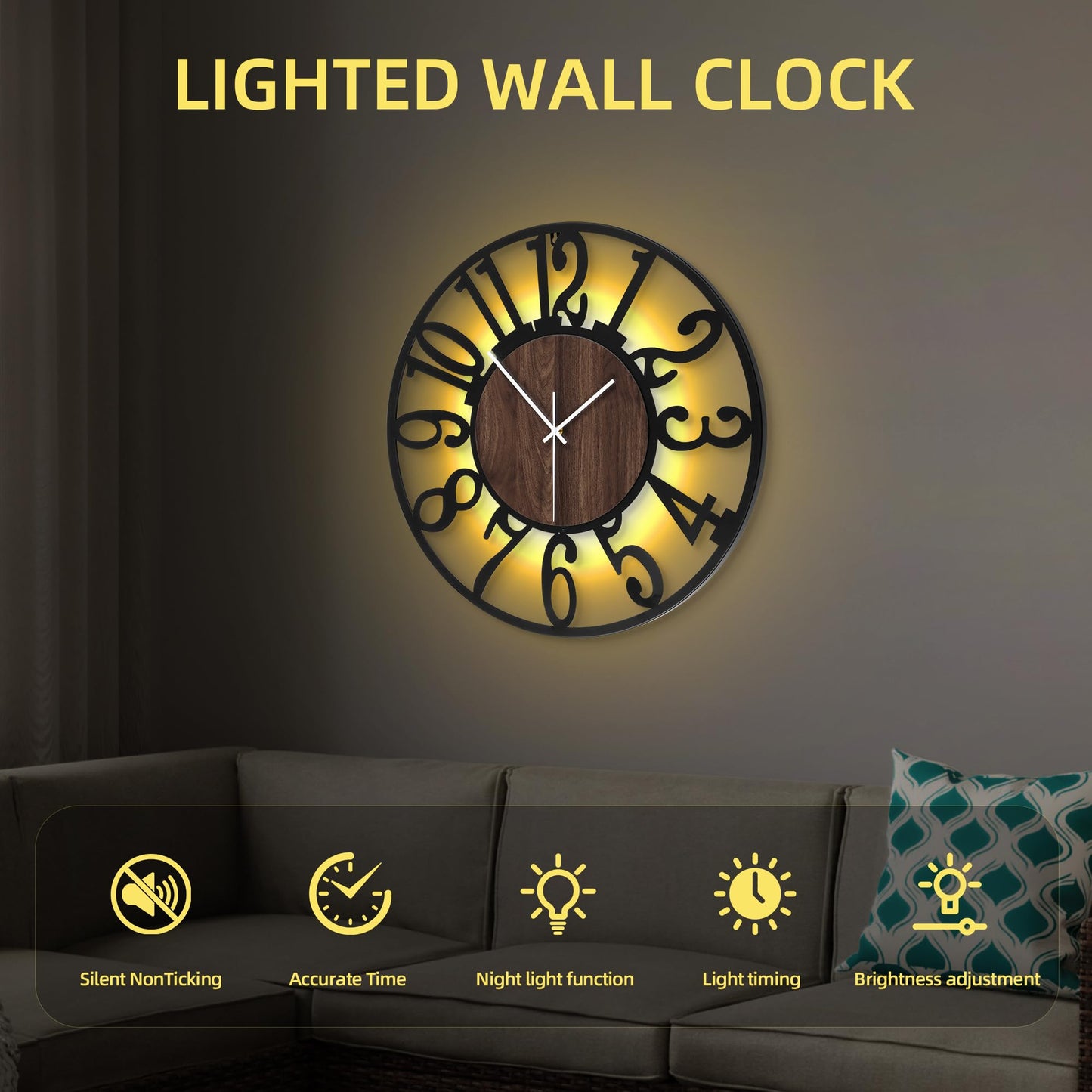 LEIKE Large Wall Clock 20'' Lighted Rustic Wood Clock with Remote Timer, Silent Battery Operated Modern Oversized Wall Clock for Living Room, Bedroom, Farmhouse, Home Decor, Large Number Display