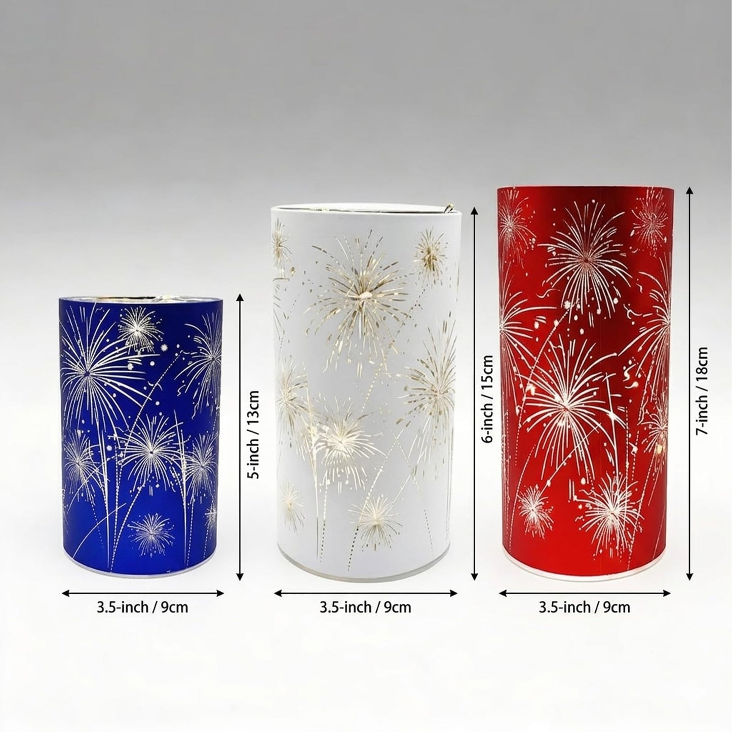 Set of 3 Celebration Hurricanes, Celebration Firework Lanterns - Premium Patriotic Red White Blue Trio, Etched Firework Starburst Lights, Twinkling Table Centerpieces for Wedding & Holiday Décor (A)