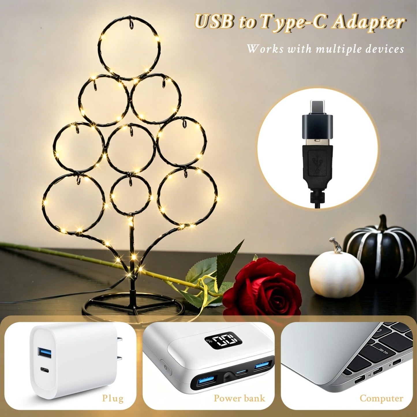 Tabletop Christmas Tree-Ornament Display Stand, 13.19-inch Metal Christmas Tree Wrought Iron with LED Lights, Suitable for Desktop Decoration, Home Decoration, Ornament Display Standparty Giftsi.