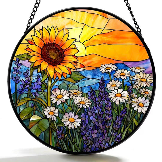 Argodaze Stained Glass Window Hanging - Sunflowers, Daisies, Lavender and Sunset 6.3 Inches Suncatcher for Garden Home Decor for Women Mon Grandma Friends