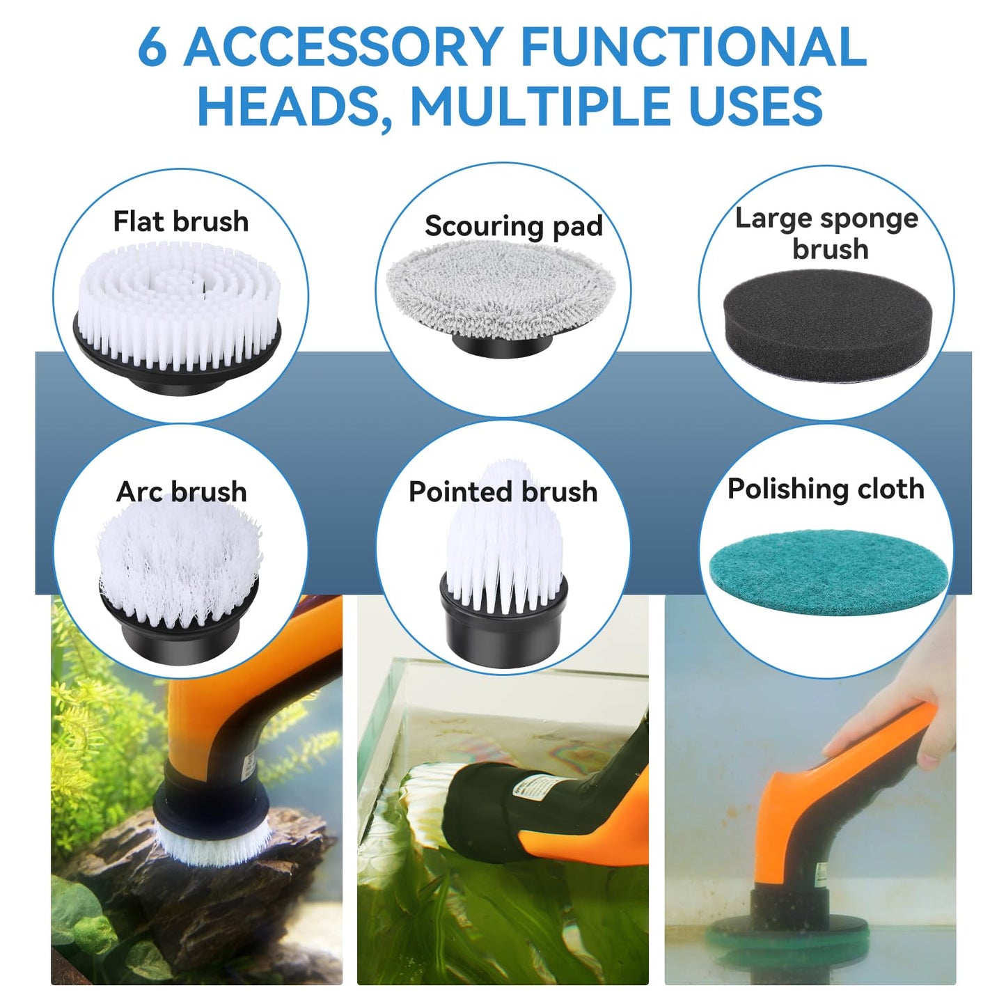 hygger IPX8 Electric Aquarium Cleaning Brushes, Rechargeable Cleaner Tools Kit with 6 Replaceable Clean Spin Brush Heads Cordless Use 2 Speeds Adjustable Handle for Dog House Outdoor/Cat Litter Boxes