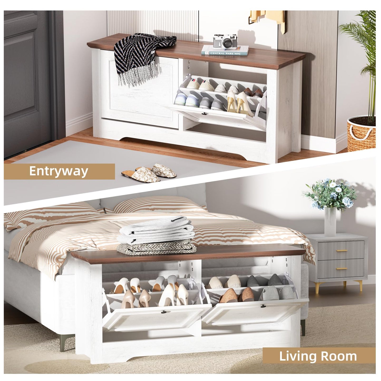 TOOBVEST Shoe Storage Bench with Flip Drawers, Entryway Shoe Cabinet with Seat, Wooden Shoe Organizer Bench for Hallway, Foyer, Living Room, Small Space, White Walnut