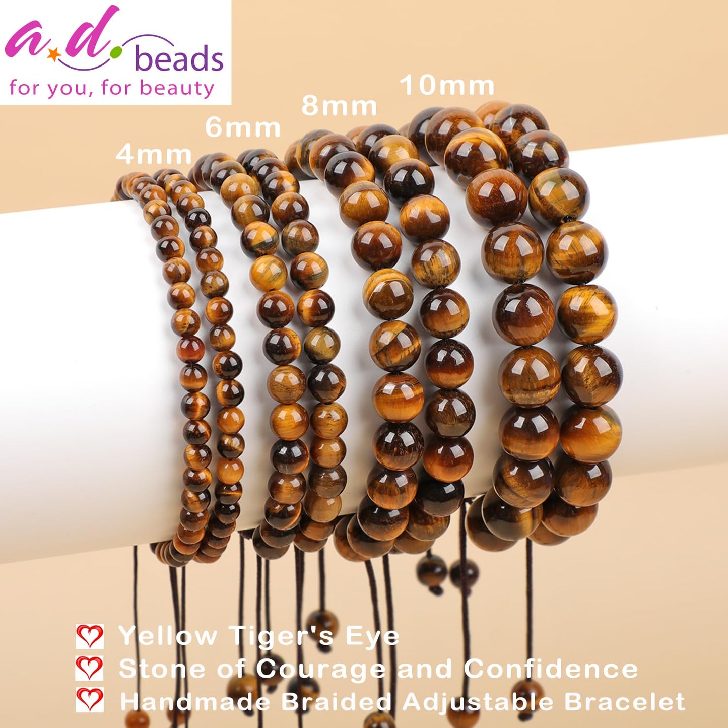 AD Beads 8mm Yellow Tiger's Eye - Courage and Confidence - Handmade Natural Stone Crystal Bracelet with Adjustable Macrame String - Yoga Healing Power Energy Gifts for Men and Women