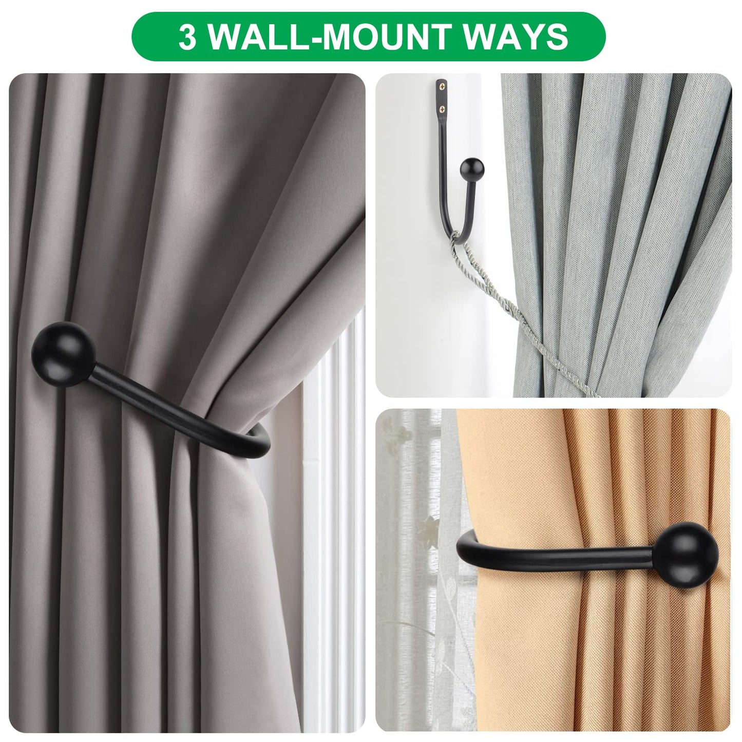 Curtain Holdbacks, 4pcs Curtains Holder Wall Mounted Drapery Tiebacks Retro Window Hook for Home Decor, Matte Black
