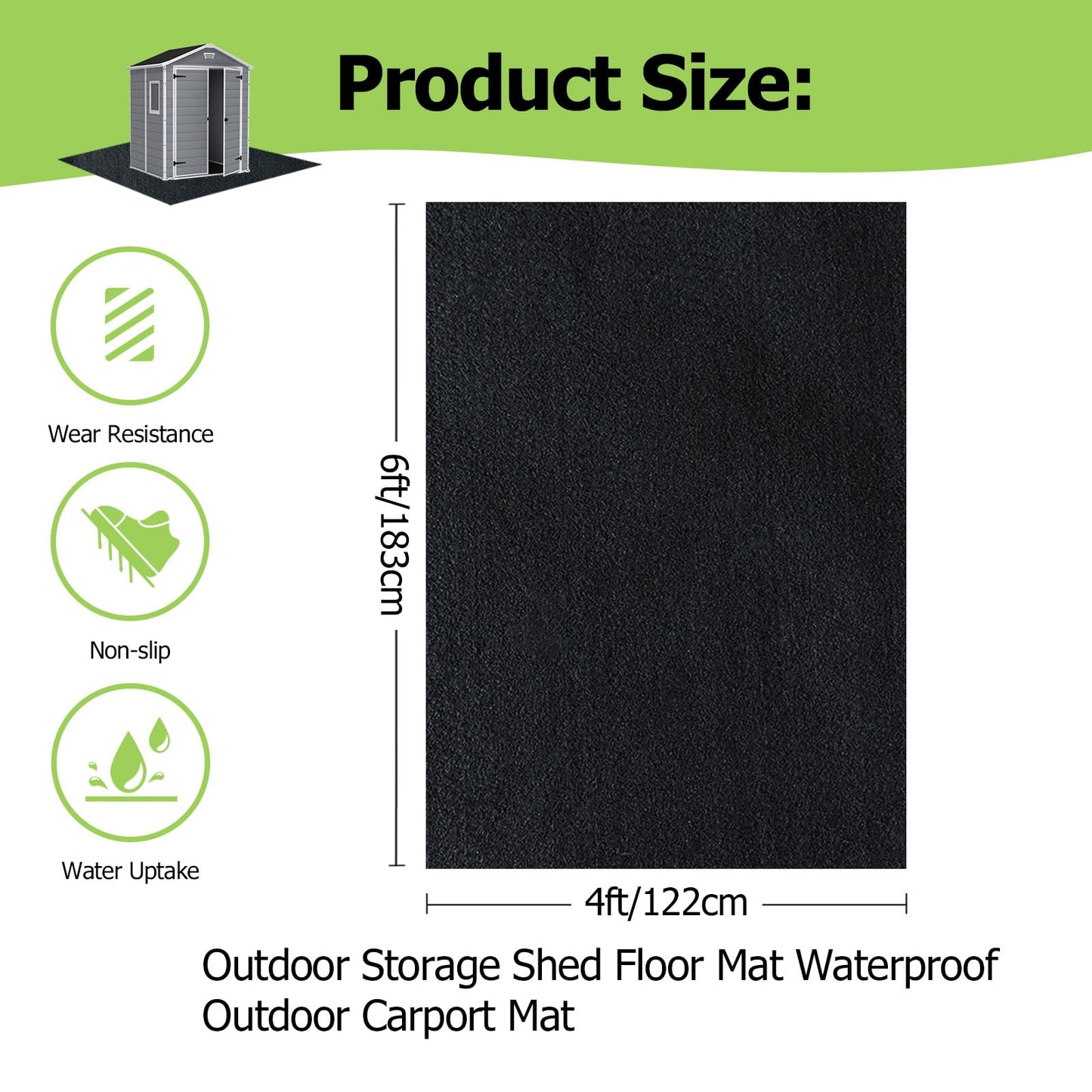 RUNZEG Outdoor Storage Shed Floor Mat, 6 * 4FT Waterproof Washable Garden Flooring Pad with Non Slip Backing, Soft Furniture Patio Covering Carport dust Oil Mat-Tool Shed, Storage Shed Not Included