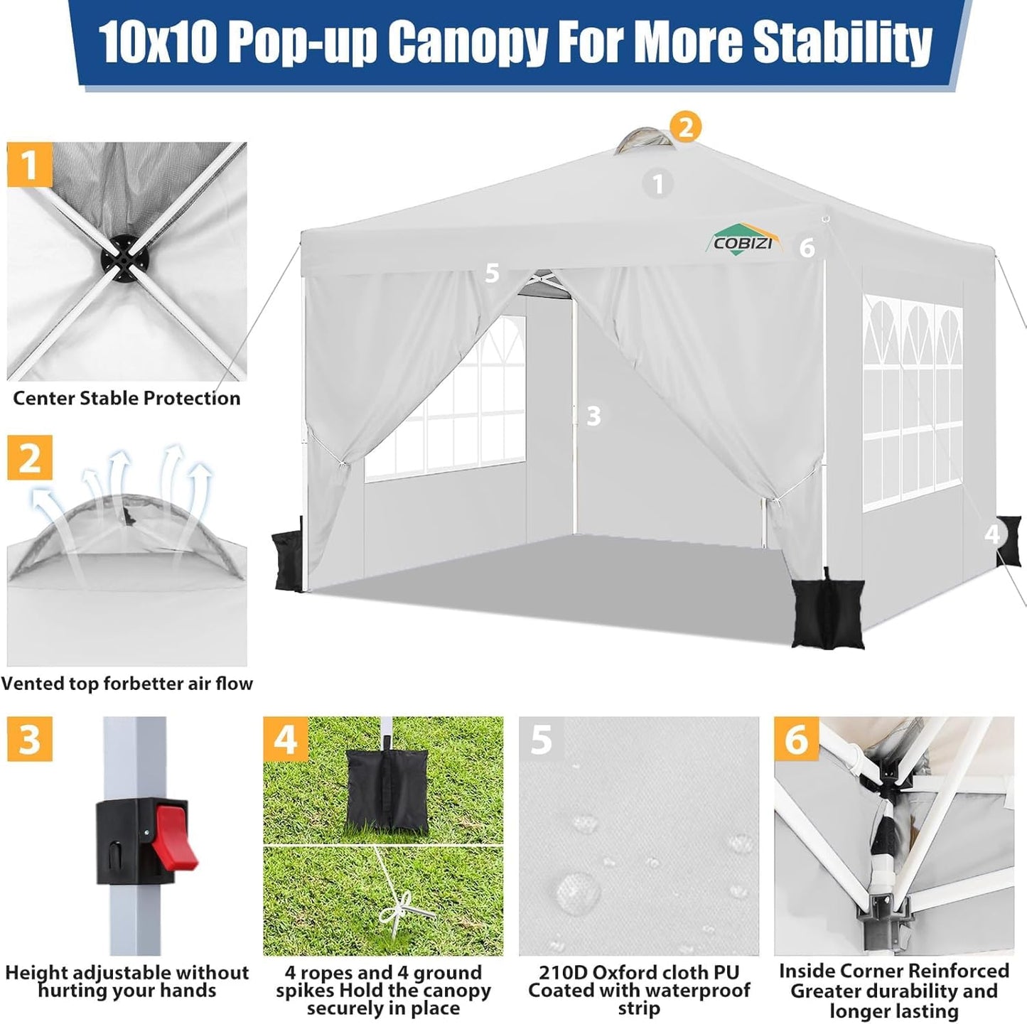 COBIZI 10x10 Pop Up Canopy Tent, One Push Outdoor Gazebo with 4 Removable Sidewalls & Air Vent, Waterproof Commercial Easy Up Adjustable Canopy with 4 Sandbags, 4 Stakes & 8 Ropes for Party, White