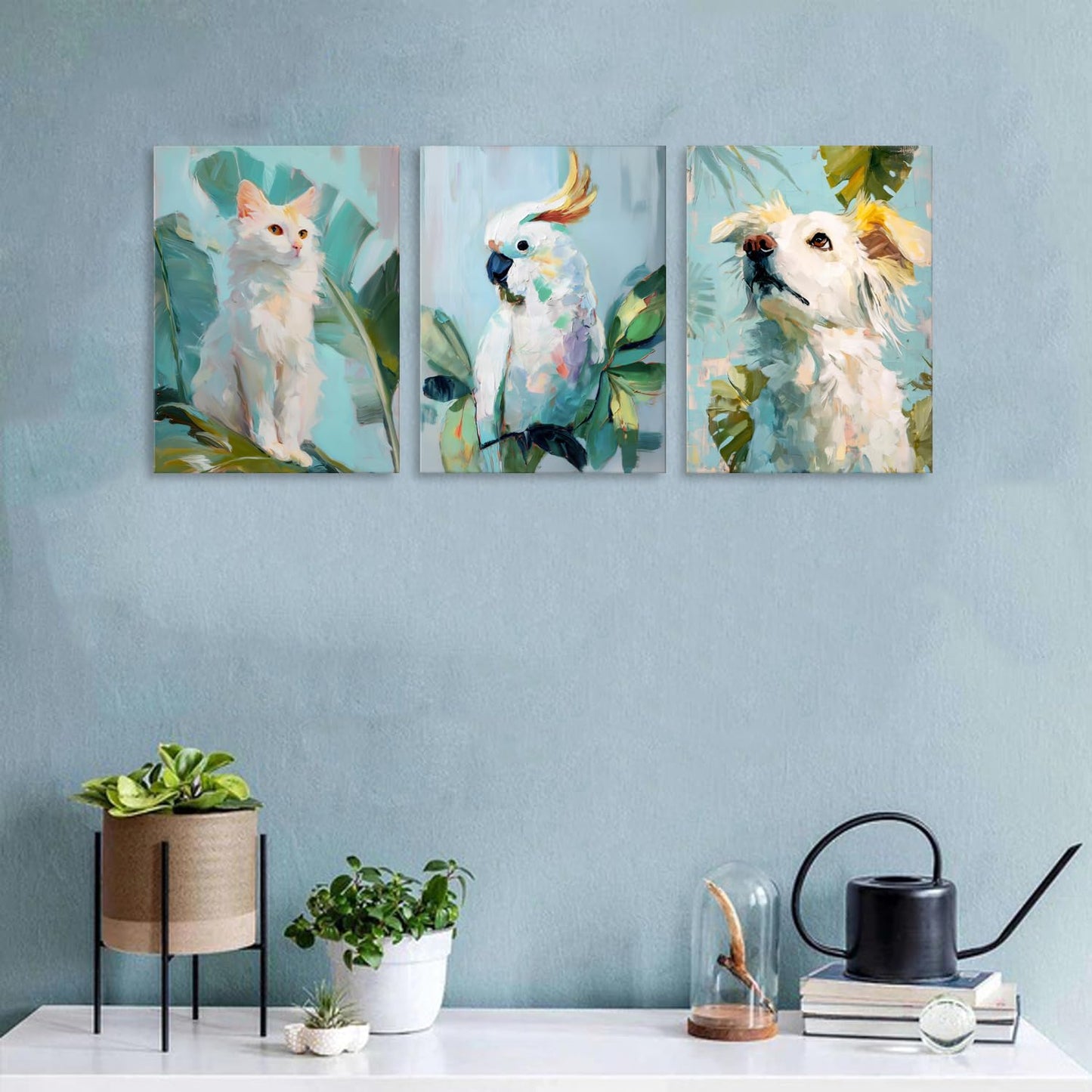 Family Pets Wall Art Cute Abstract Animal Wall Decor for Bedroom Nursery Cat Parrot Dog Pictures Boho Tropical Botanical Leaves Canvas Painting Modern Artwork Living Room Bathroom Decoration 12x16" 3P