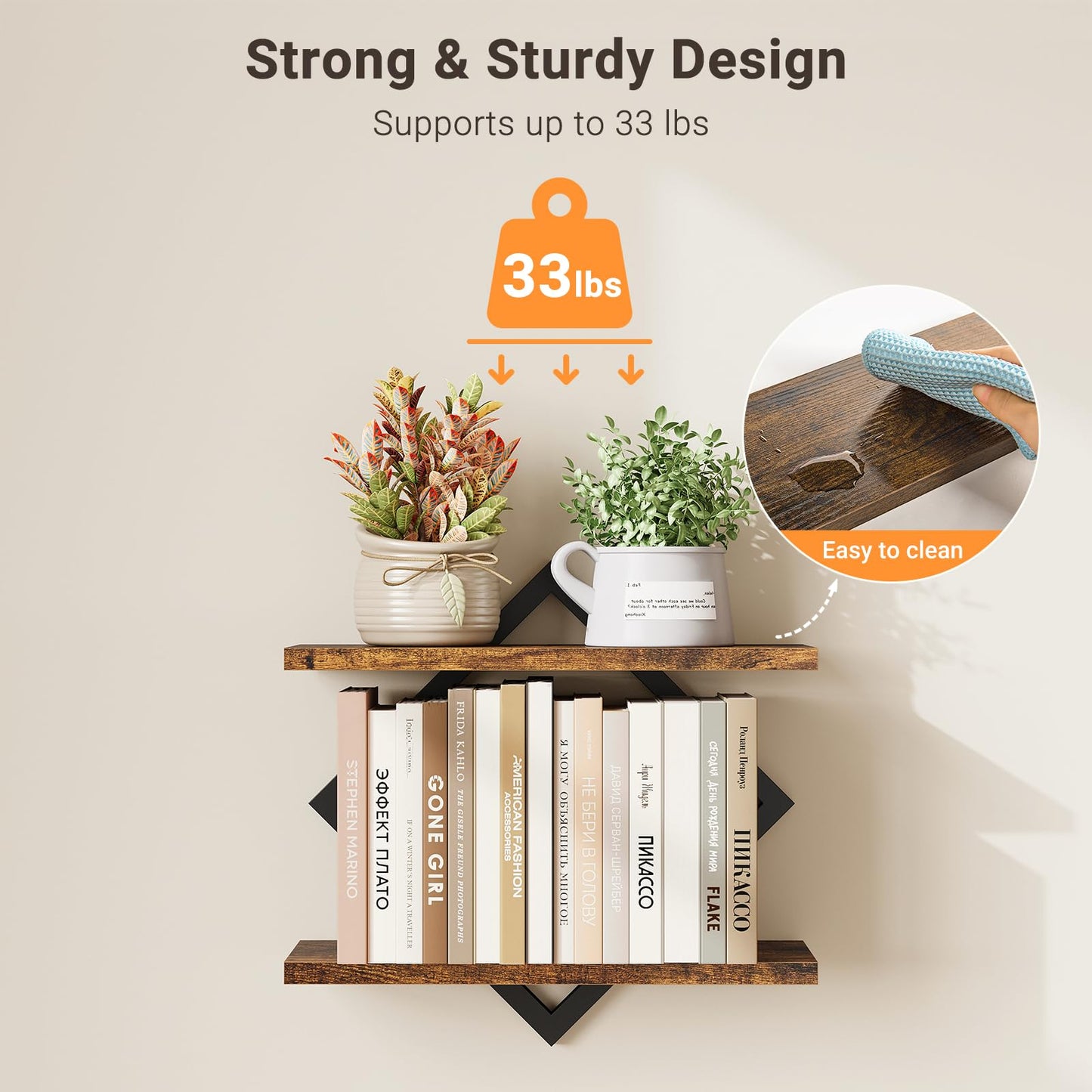 ELYKEN Floating Shelves for Wall, Set of 2 Hanging Shelves, 2-Tier Wall Mounted Storage Shelves for Books & Decor, Perfect for Living Room, Bedroom, Kitchen, Home Office, Study, Rustic Brown