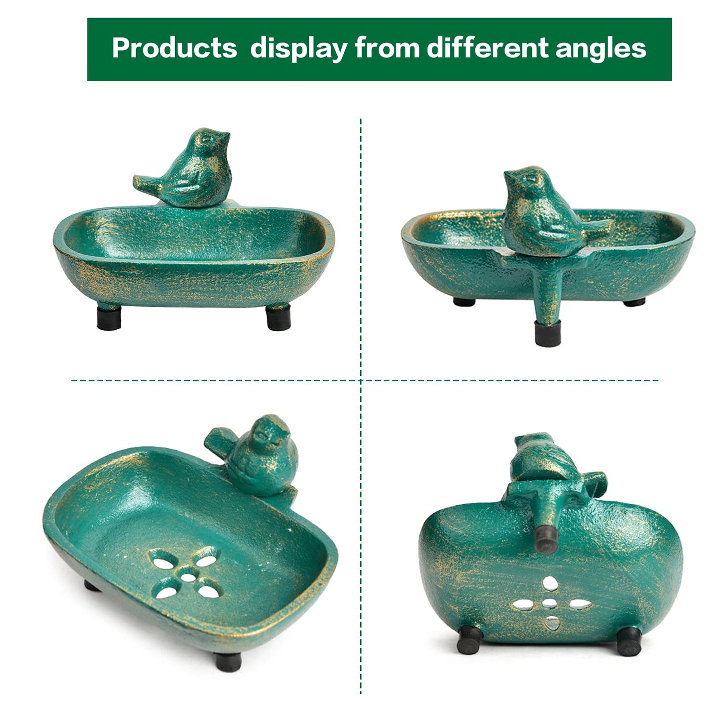 Sungmor Heavy Duty Cast Iron Hand Soap Holder - Lovely Bird Shaped & Antique Green Finish - Decorative Tabletop Soap Dish Tray for Kitchen Bathroom Sink - Practical Bath Soap Box Container