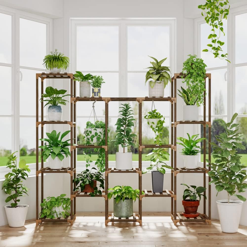 Bamworld Large Hanging Plant Stand Indoor Tall Plant Shelf Outdoor 14 Pots Large Plant Rack for Living Room Patio, Balcony and Garden