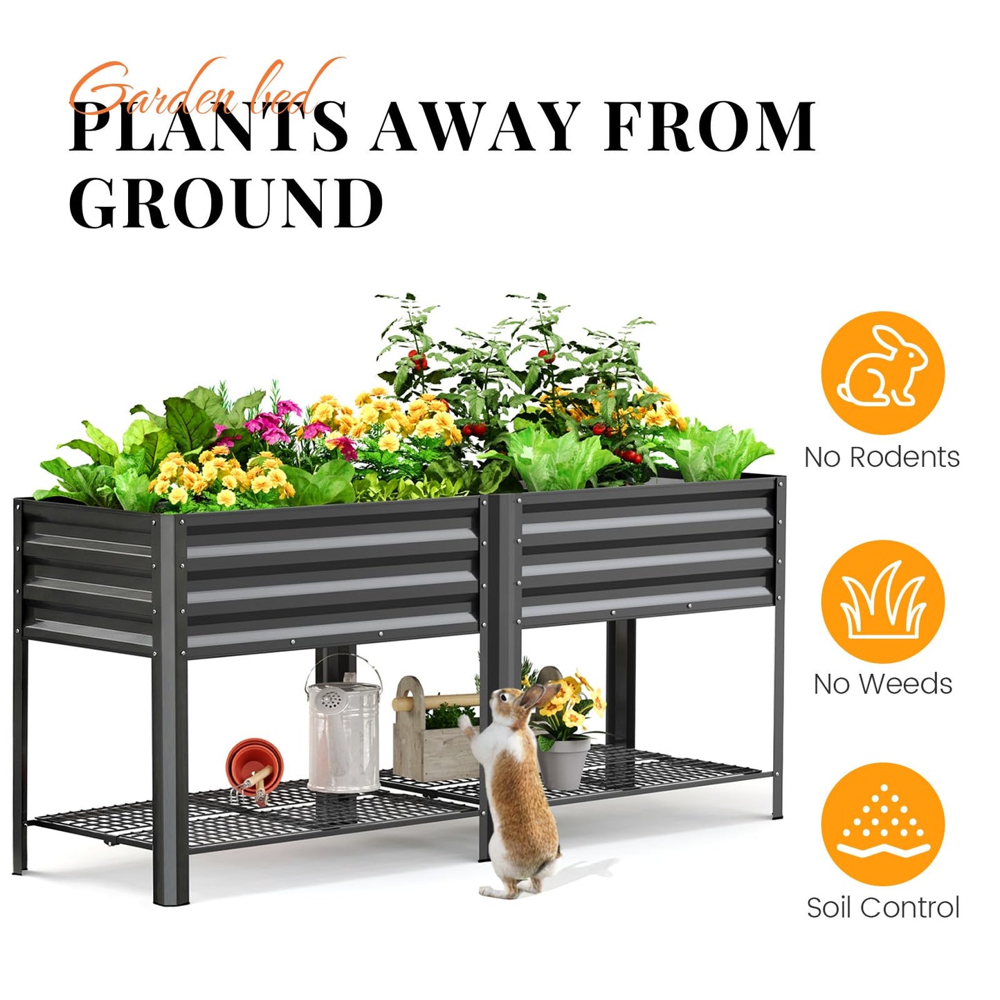 KING BIRD Large Raised Garden Bed with Legs & Storage Shelf Galvanized Elevated Planter Box for Backyard, Patio, Balcony, 600lb Capacity, Dark Grey 70.9x22.8x31.5 in
