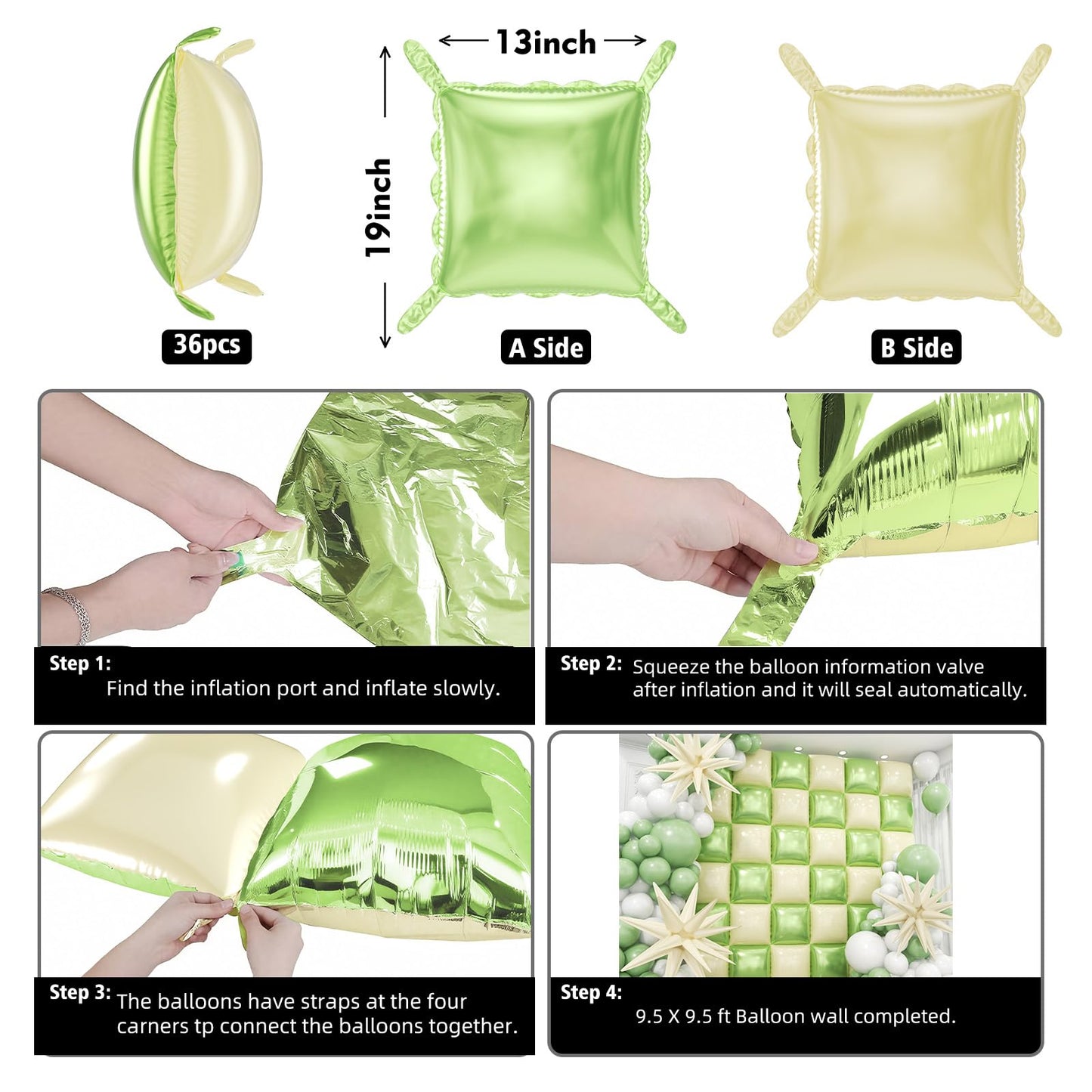 HKYOOD 36pcs Cream Green and Cream White Square Foil Balloons Wall Backdrop with 147pcs Balloon Garland Arch Kit, Double Sided Balloons for Birthday Wedding Bridal Shower Baby Shower Party Decorations