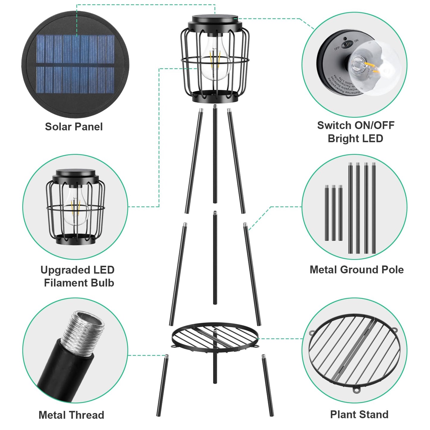 VISFLAIR Solar Lights with Plant Stand, Outdoor Floor Lamp, Waterproof Solar LED Edison Bulb Light Flower Shelf for Patio Porch Deck Yard Garden Decor-1 Pack