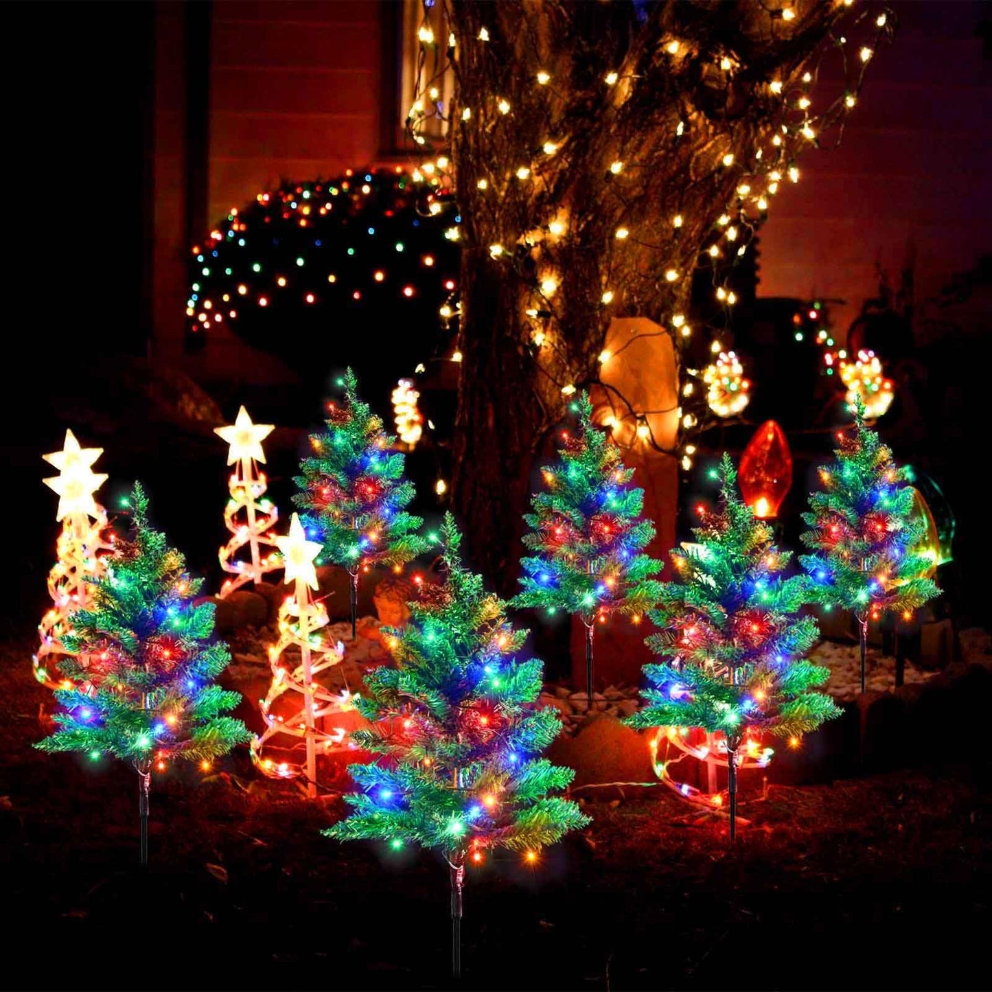 Windpnn Upgraded 6-Pack 120 LED Solar Christmas Garden Stake Lights, Outdoor Waterproof Solar Xmas Tree Yard Stake Christmas Pathway Lights for Christmas Decorations Garden Yard Lawn Pathway (8 Modes)