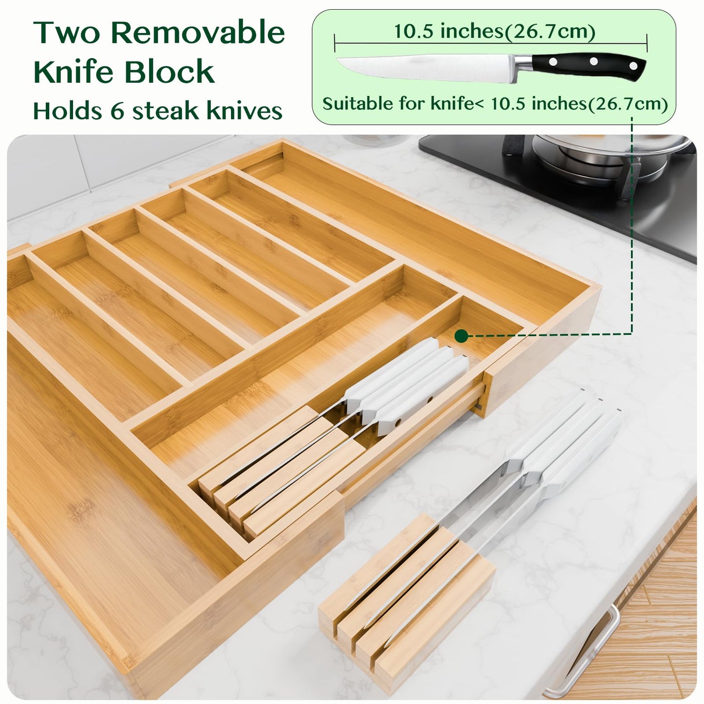 Dunruz Bamboo Expandable Drawer Organizer for Kitchen Utensils, Adjustable Silverware Tray with 9 Deep Slots for Large Spoons & Knives, Natural Wood Flatware Caddy for Cutlery Storage (Fits 13"-20")