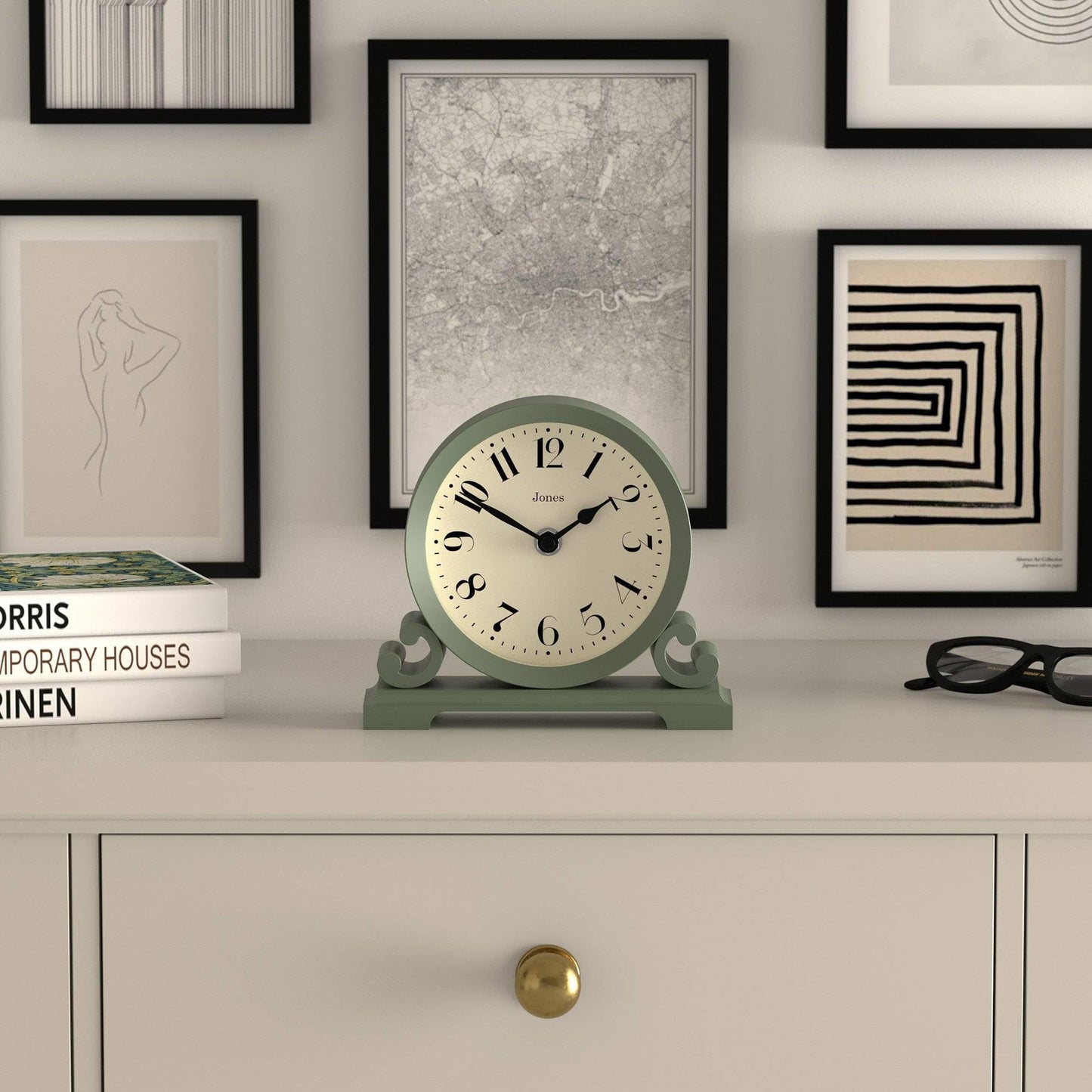 JONES CLOCKS® Saloon Mantel Clock | Small Traditional Double Scroll Design | Green | Contemporary Classic Style for Desk, Table, Shelf or Bedside