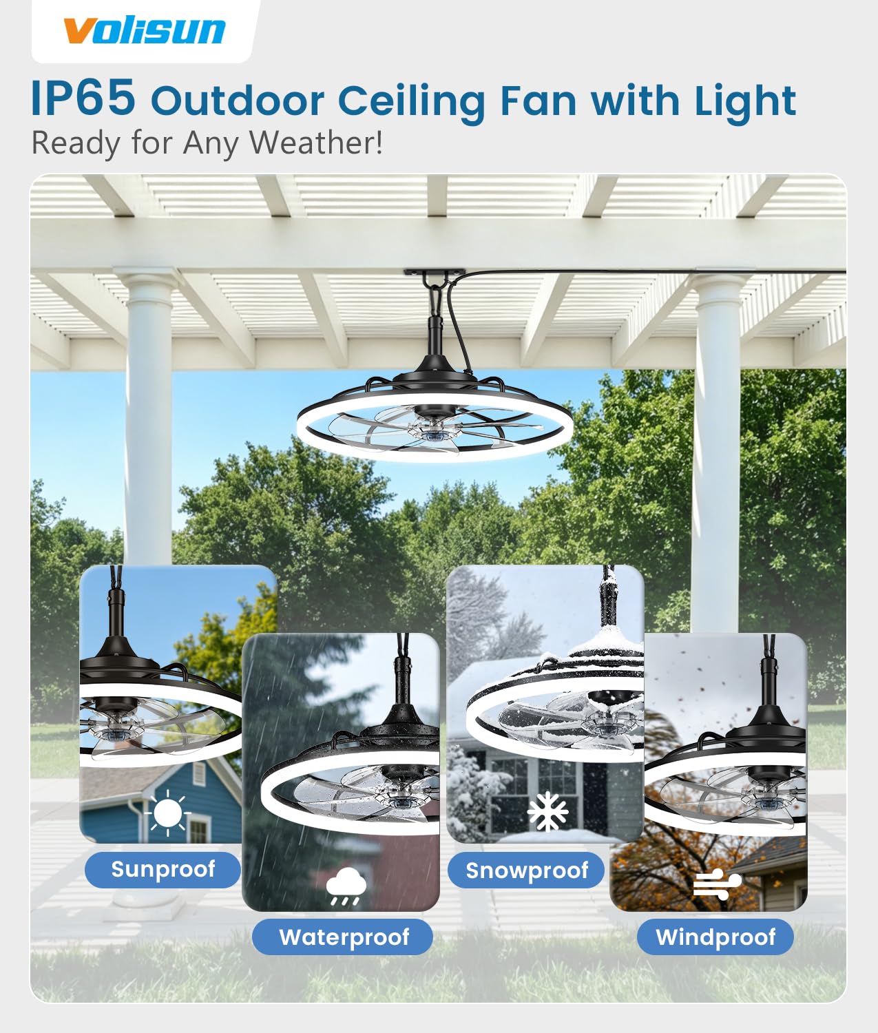 VOLISUN Outdoor Ceiling Fans with Light for Patios, 23.6in Weatherproof Plug in Ceiling Fan, 3000K-6500K Dimmable Gazebo Fan Remote&APP Control, Black Caged Ceiling Fan for Porch, Pergola,Canopy