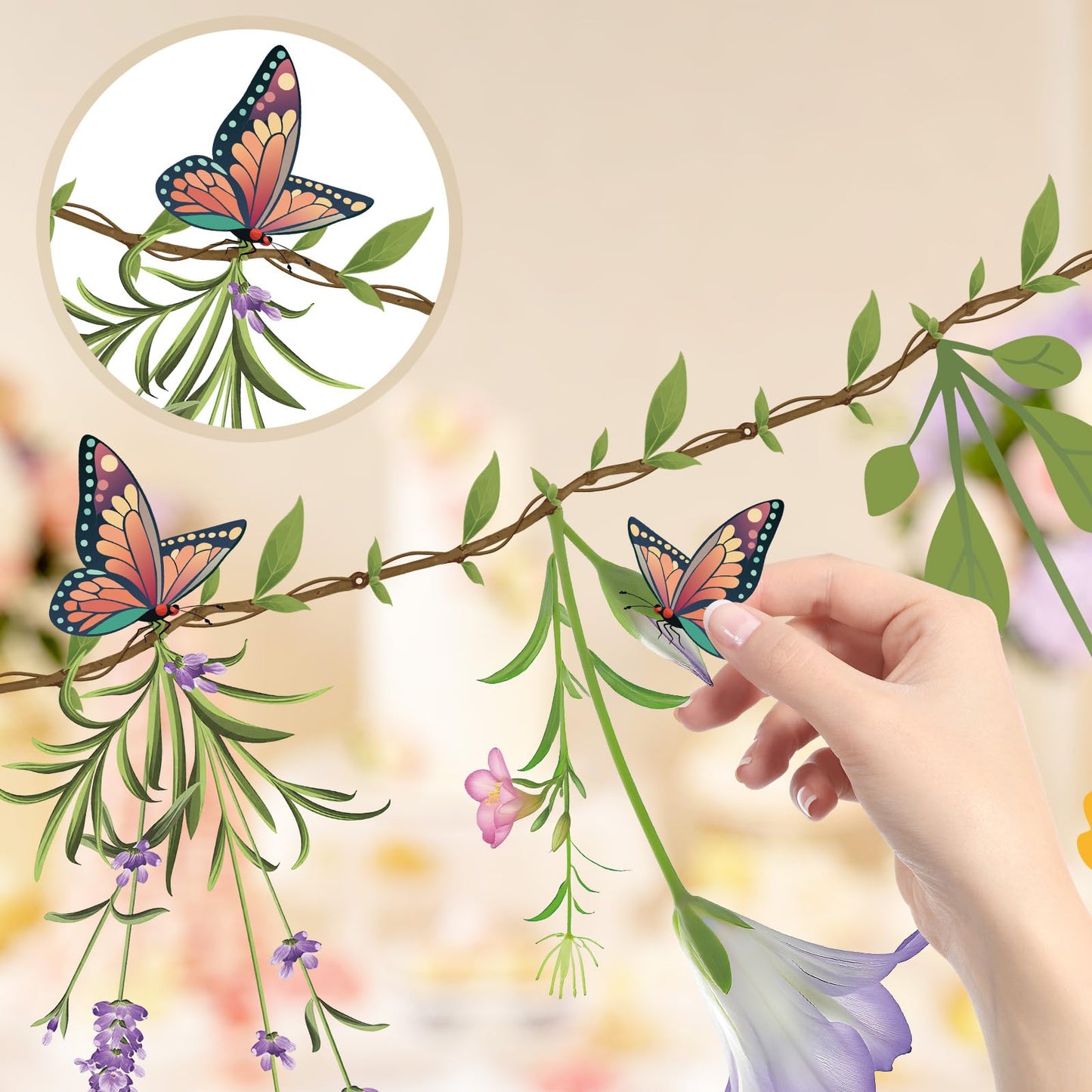 Ghegicu 2PCS Flower Banner Reusable Wildflower Garland Floral for Spring Party Enchanted Garden Theme Picnic Wedding Baby Shower Birthday Tea Party Christmas Valentine's Day Supplies Home Decorations