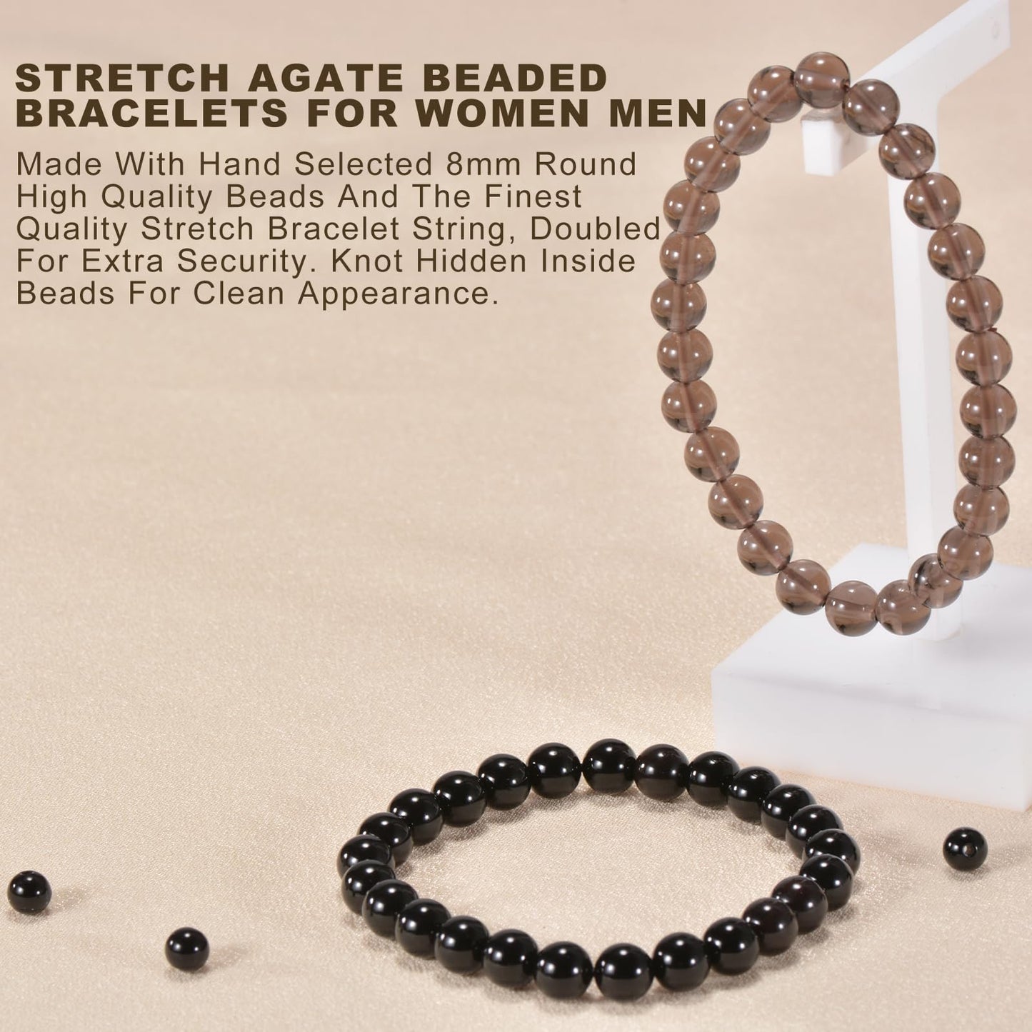 Aluckiss 8mm 2PCS Agate Bracelet for Women Men Natural Round Beaded Agates Stone Healing Stretch Bracelets Elastic Handmade Polished Gemstone Beads Bracelet Grey+Black 2 Colors