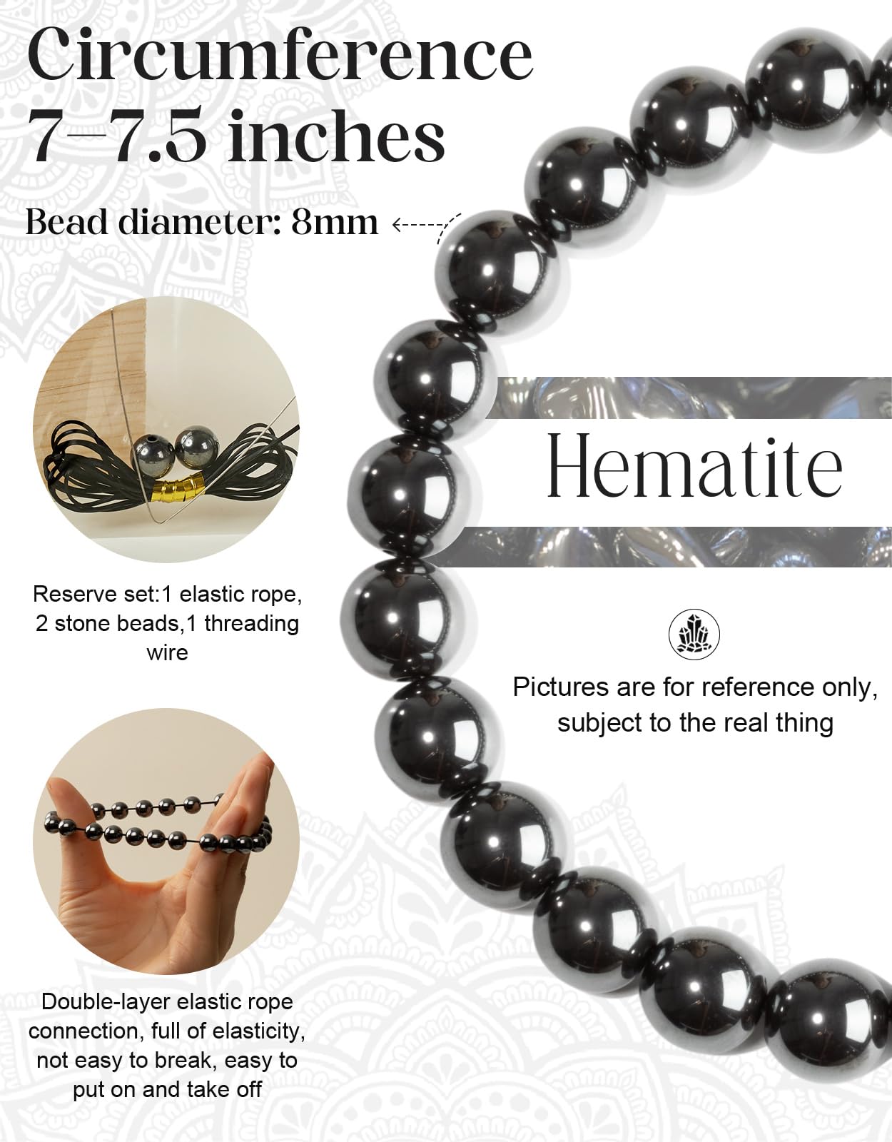 Landorilo Beaded Bracelet for Men Women, 8mm Natural Stone Hematite Healing Crystal Stretch Bracelets, Ideal Christmas Birthday Jewelry Gifts with Energy Card，Replacement Beads Included
