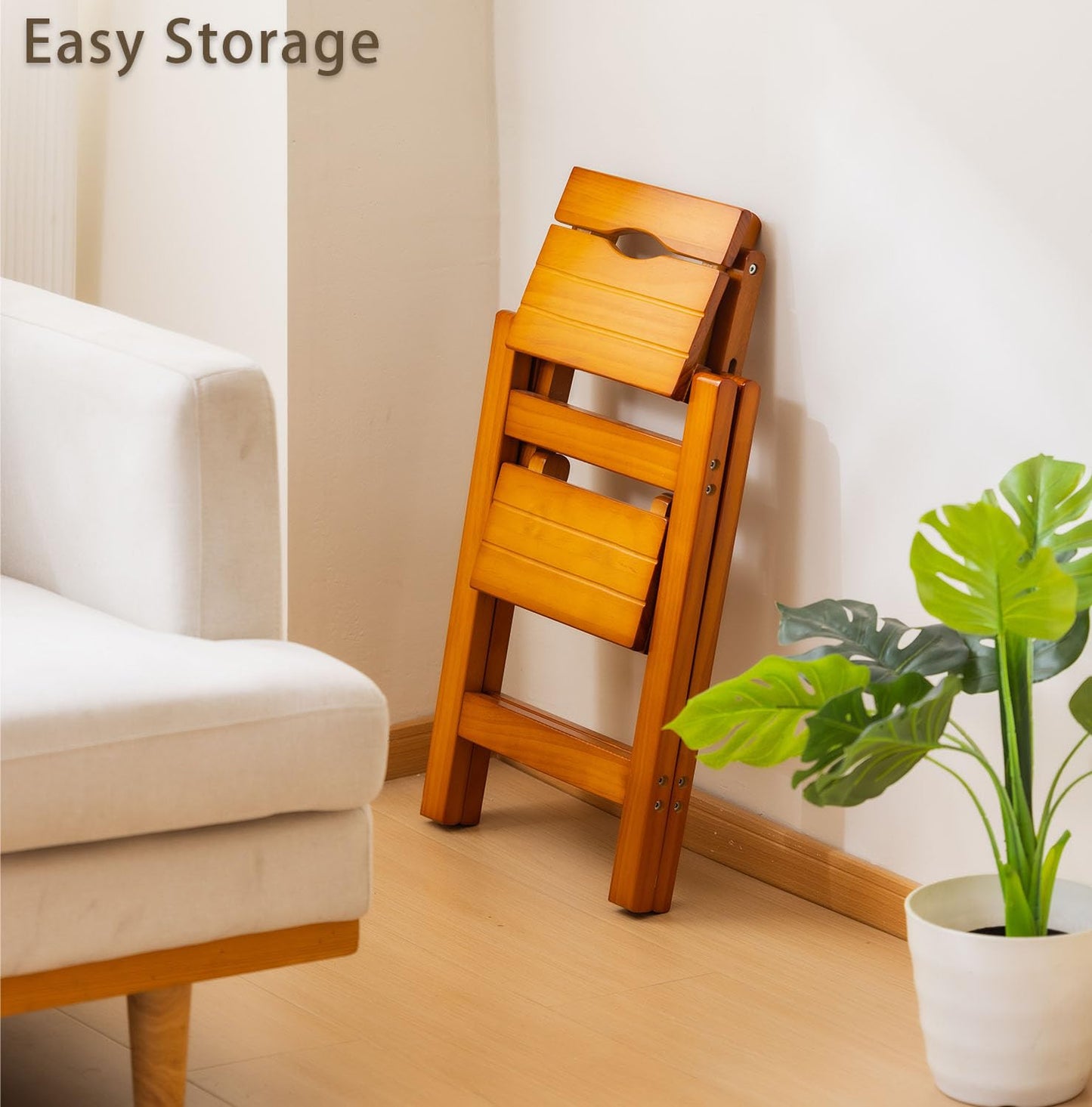 SOBIBO Wooden Step Stool, Foldable 3 Step Ladder, Solid Wood Ladder Stool for for Home, Kitchen & Garden Walnut