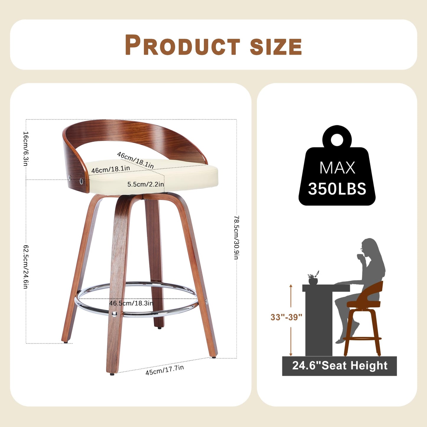 Swivel Bar Stools Set of 2, 24.6" Counter Height Bar Stools, Mid-Century Modern Design, Upholstered Walnut Barstools with Bentwood Curved Back and Legs, Suitable for Kitchen Island, Counter