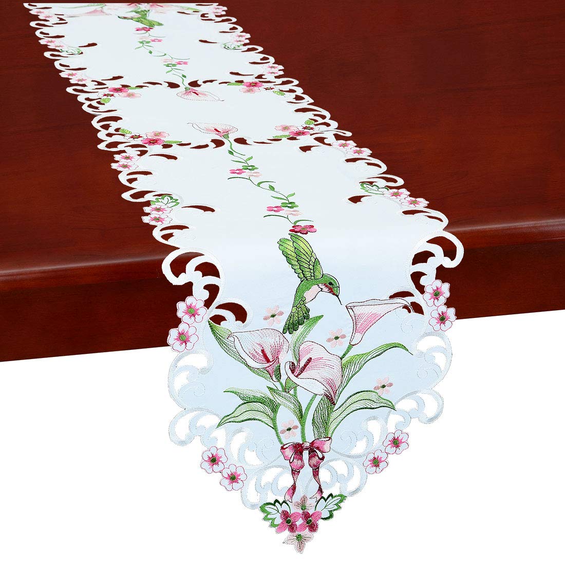 Simhomsen Embroidered Floral Table Runners for Spring and Summer, Hummingbird Flying on Calla Lily Flowers (13×88 inch)
