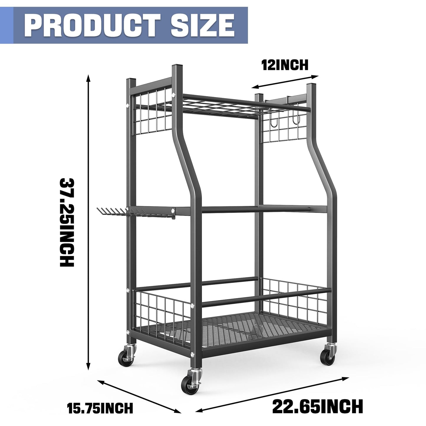 WALMANN Garden Tool Organizer with Wheels for Garage, Rakes/Shovels/Yard Tools Storage Stand for Garden, Shed, Indoor/Outdoor Long-Handled Tools Rolling Cart