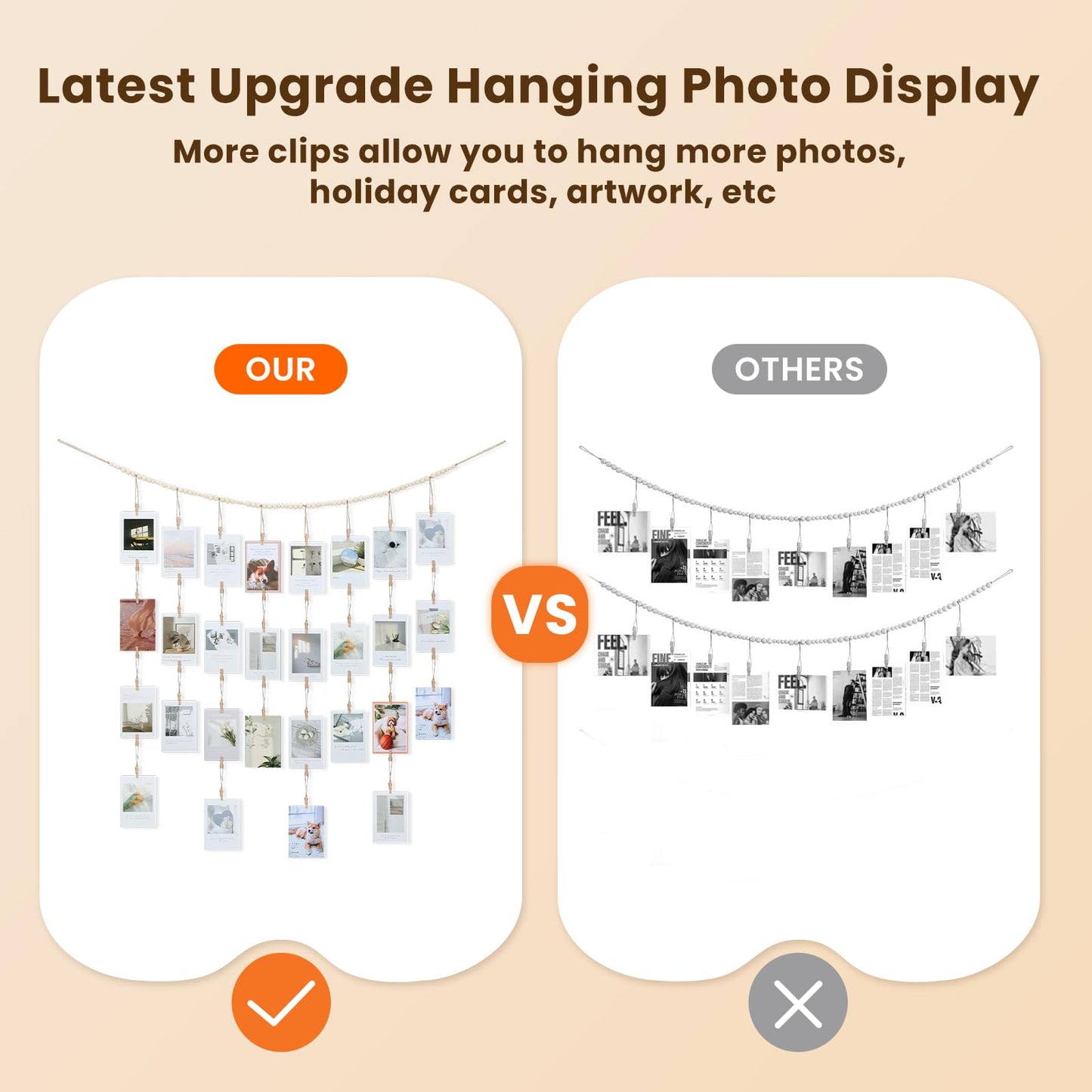 KLOGTSIND Hanging Photo Display with Clips Wall Decor, Boho Wooden Beads Garland Picture Banner, Collage Card Kids Art Holder Photo String with 28 Clips for Room Dorm Decor, Christmas Teen Girl Gifts