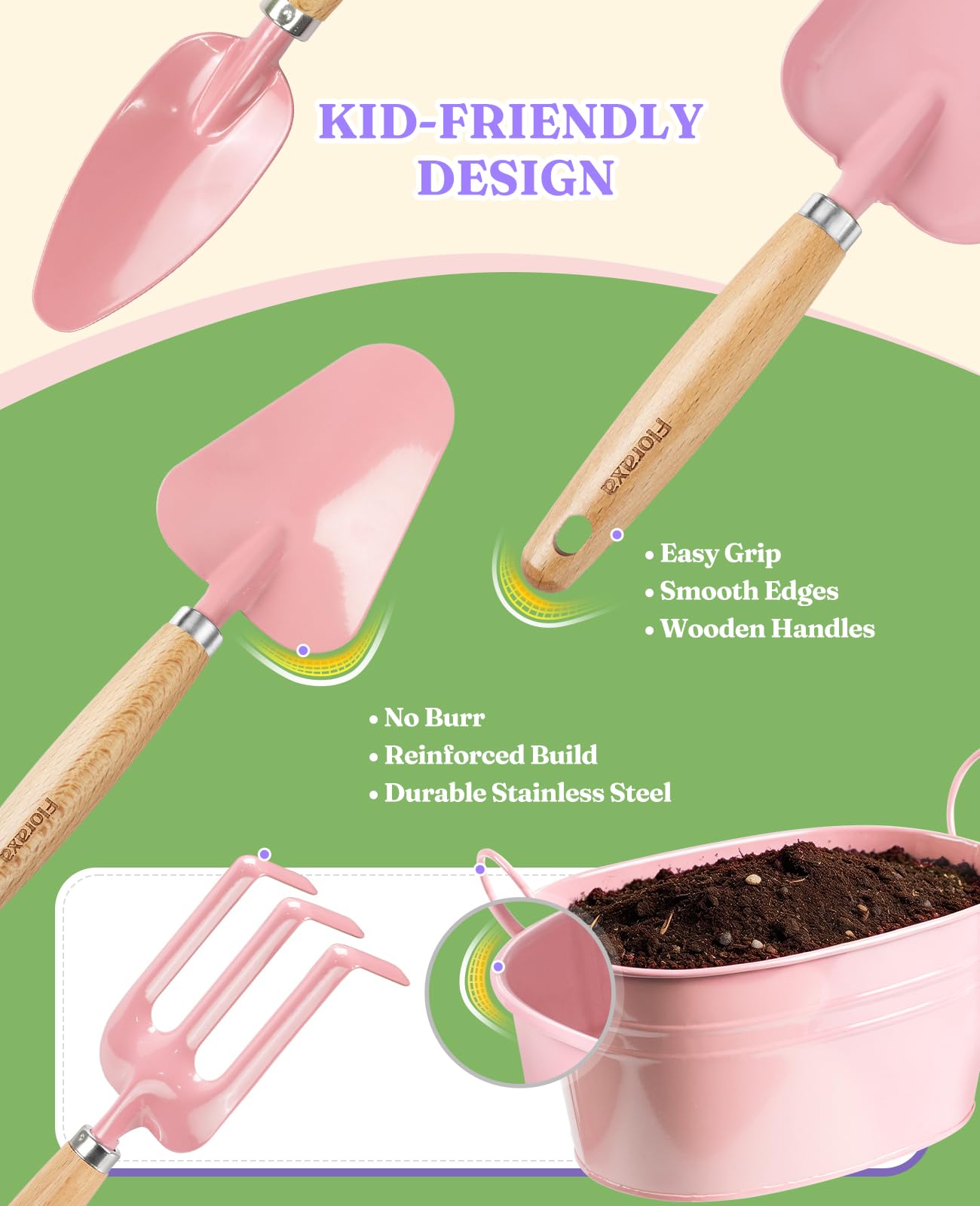 8Pcs Kids Gardening Set with Metal Basket & Real Metal Tools, STEM Outdoor Exploration Kit, Ergonomic Wooden Handles, 3 Shovels, Rake, Watering Can, Gloves, Tote Bag, Toy Gift for Toddler Boys Girls