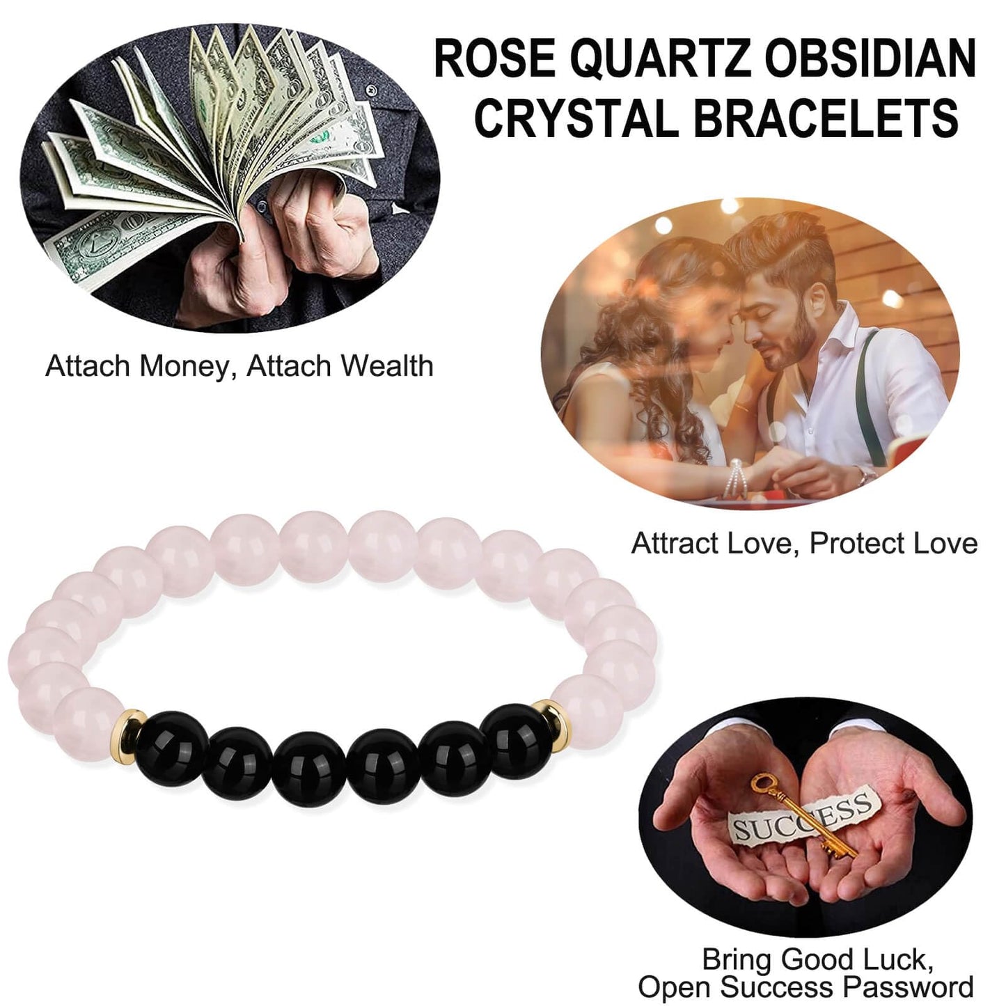 Rose Quartz Pink Opal Peru Crystal Bracelet, Love Friendship Anxiety Crystal Healing Stone Chakra Bracelet, Business Money Energy Wealth Good Luck Prosperity Feng Shui Beaded Bracelet for Men Women,