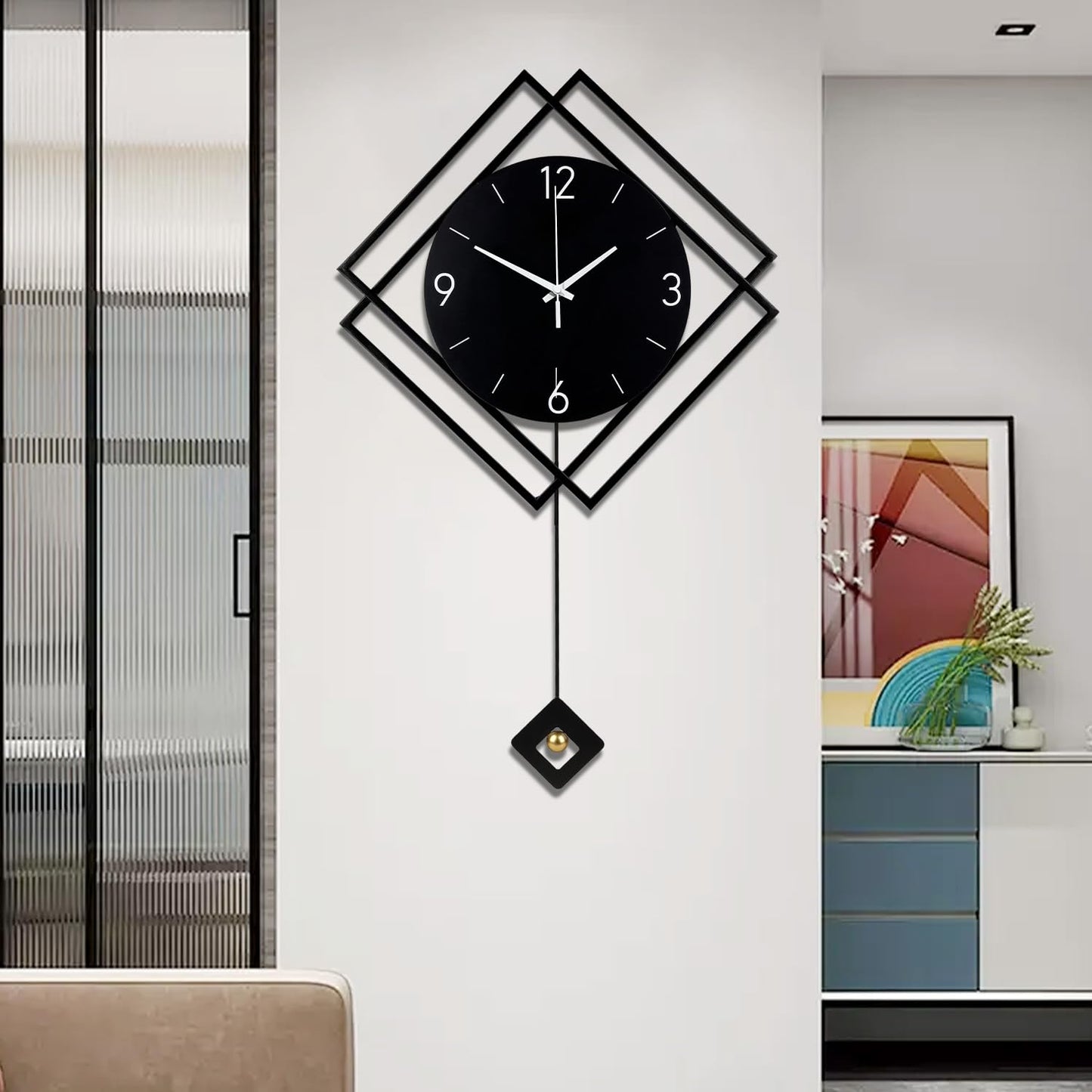 Wall Clock with Pendulum,Silent Quality Quartz Battery Operated,Modern Large Wall Clocks for Living Room Kitchen Home Bathroom Bedroom Wall Decor,16.2x26Inch(Black)