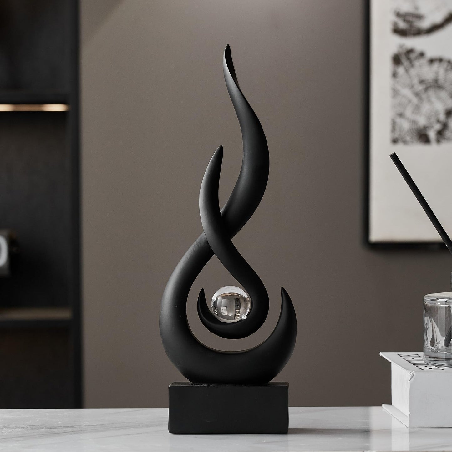 AWNR Abstract Black Sculpture: Flame Statue with Glass Ball Resin Art Figurines - Unique Centerpiece for Modern Home Decor