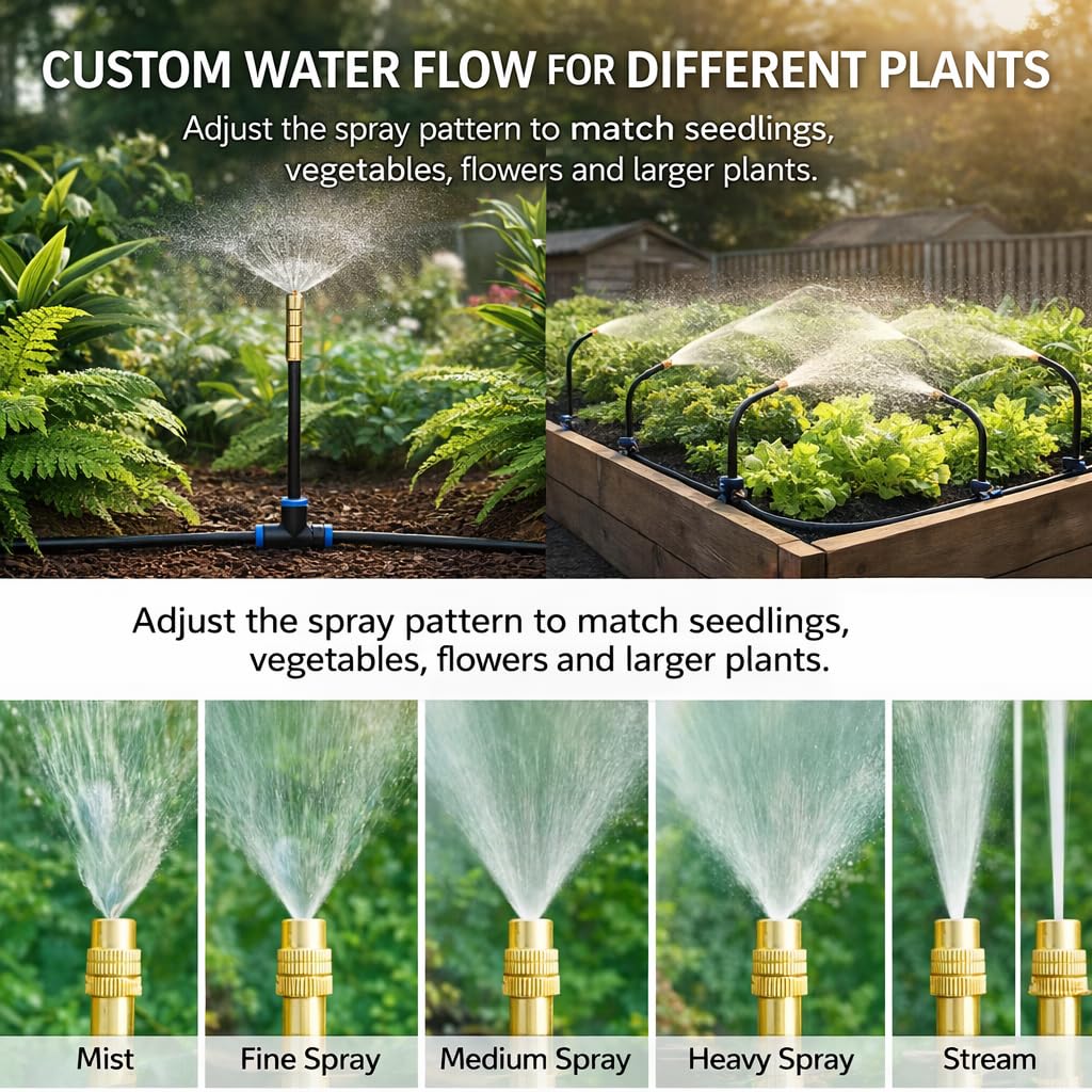 Automatic Garden Irrigation System 200ft, Upgraded Drip & Spray Watering Kit with 36 Adjustable Copper Nozzles for Raised Beds, Outdoor Garden, Lawn, Potted Plants & Greenhouse (200ft)