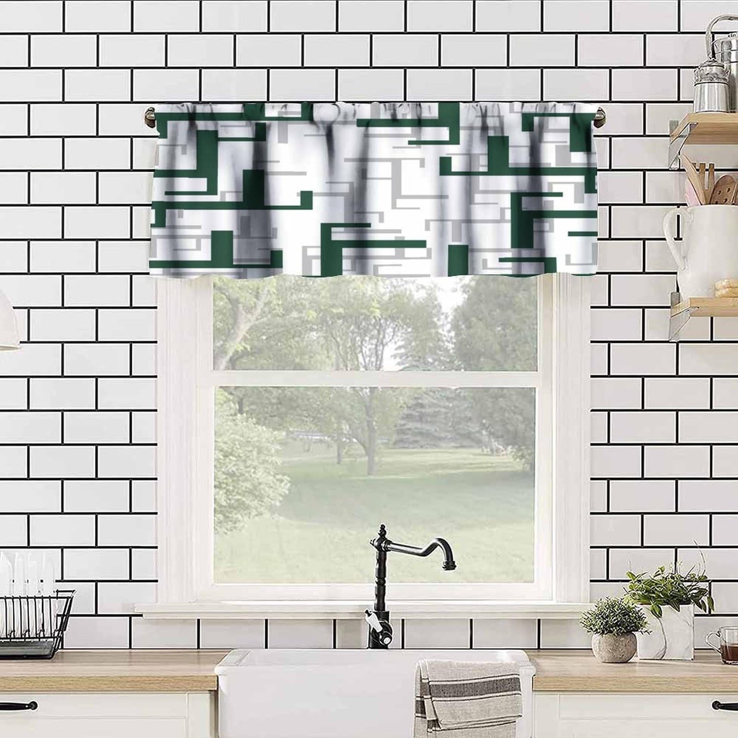 ZhiRain Green and White Valance Curtain Geometric Modern Spa Rod Pocket Valance Window Treatments Short Curtains for Kitchen Bathroom Farmhouse Living Room Bedroom Decor 54x18inch