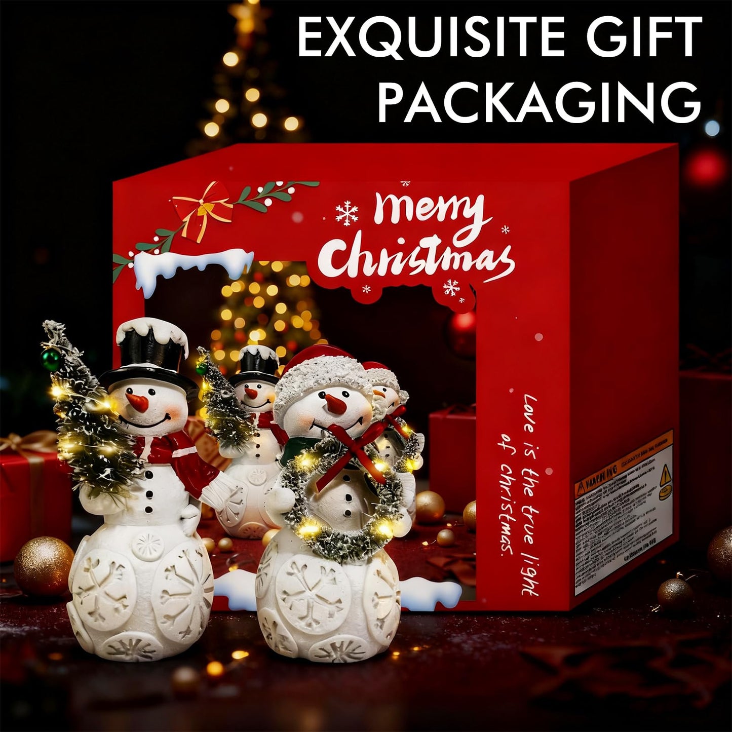 LFLKPY Snowman Christmas Decorations Set of 2 with LED Lights, Resin Light Up Snowman Figurines with Tree & Wreath, Battery Operated Holiday Tabletop Decor for Xmas Home, Mantel, Shelf, Gift