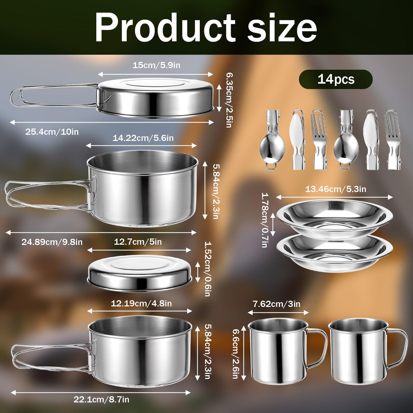 JJUNW 14Pcs Stainless Steel Camping Cookware Set, Lightweight Compact Camping Pots Pans Set with Cups Plates Forks Knives Spoons for Backpacking Camping-Cooking Hiking and Picnic