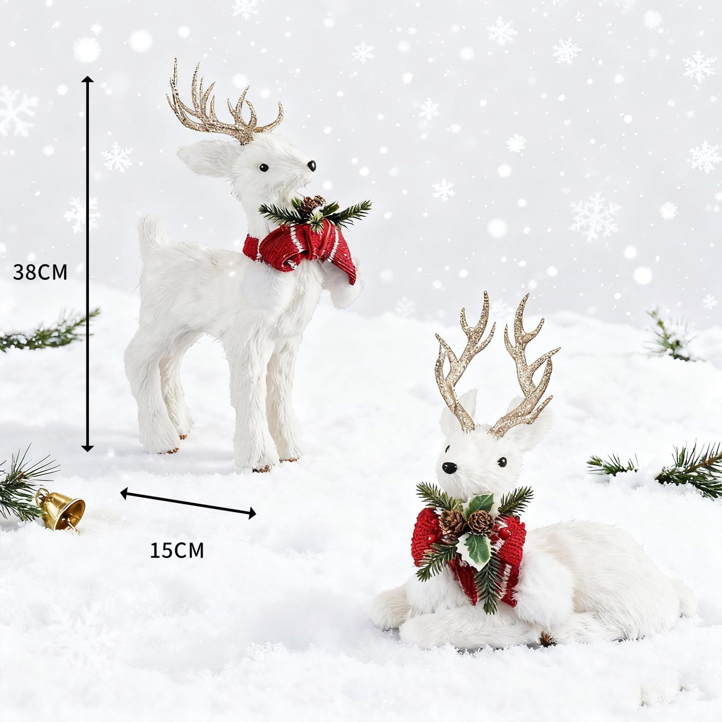 FTEJUWJ 2PCS Christmas Sisal Reindeer Decoration White Sisal Deer Silver Glitter Accented Reindeer Woodland Animals Figurines for Holiday Winter Centerpiece Christmas Tabletop Fireplace Decor (Gold)