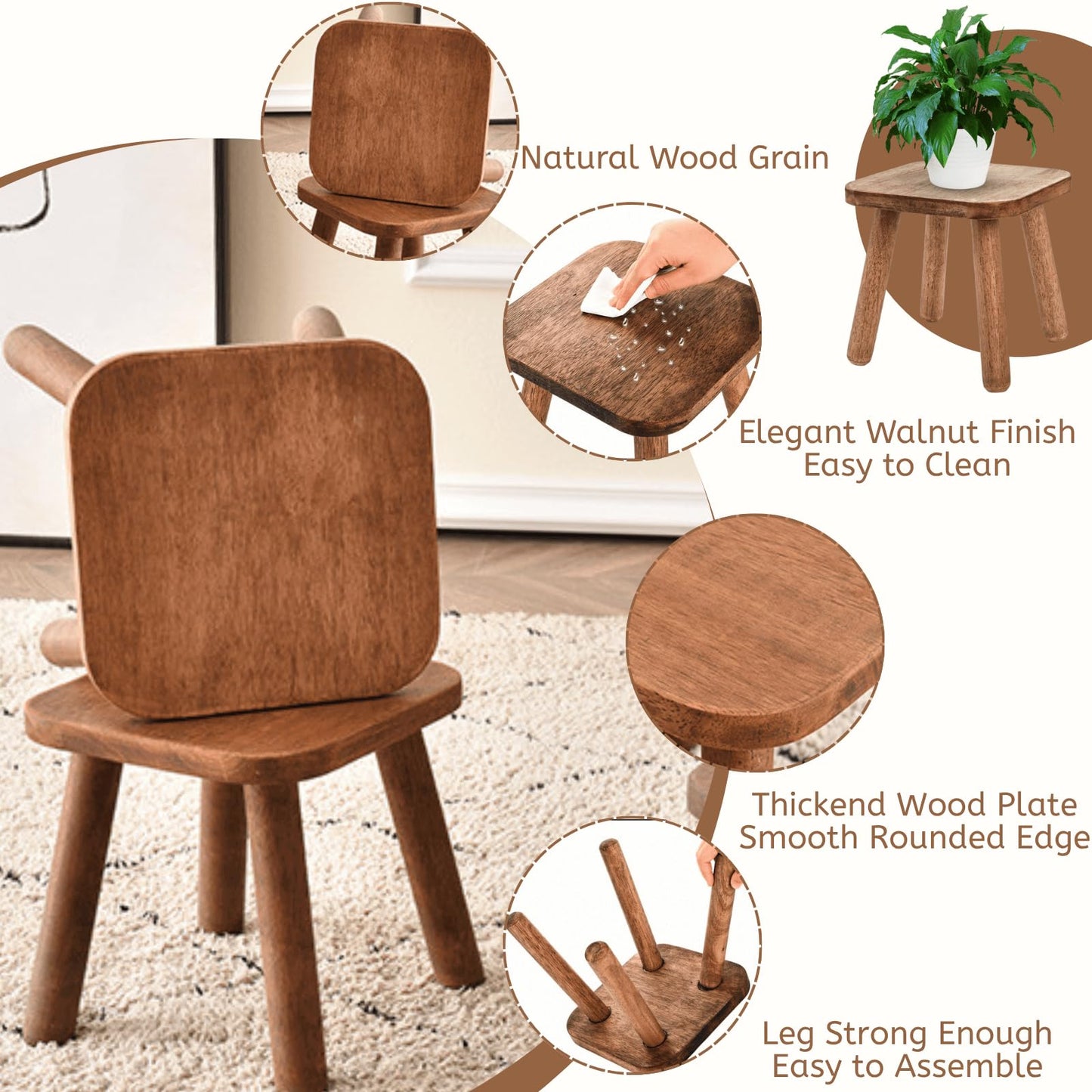 Youeon 9 Inch Small Wooden Step Stool, Non-Slip One Step Stool for Adults, Holds up to 300 Lbs, Portable & Sturdy, Footstool for Bedroom, Bathroom, Kitchen, Easy to Assemble