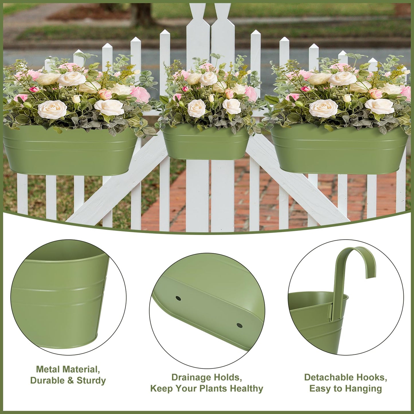 3 Different Size Metal Iron Hanging Flower Pots 10 Pcs for Outdoor Plants Metal Hanging Bucket Pots Iron Railing Fence Planter with Drainage Holes and Hooks for Porch Railing Balcony Fence (Green)