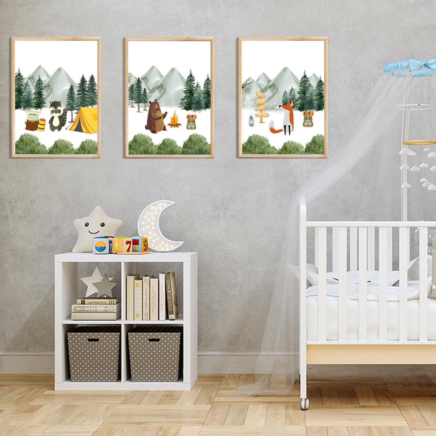 3Pcs Woodland Animal Nursery Canvas wall art Cute Bear Fox Raccoon Poster Print Safari Nursery Wall Decor Forest Animals Camping Campfire pictuer painting Boys Kids Room Home Decoration12*16In Unframed