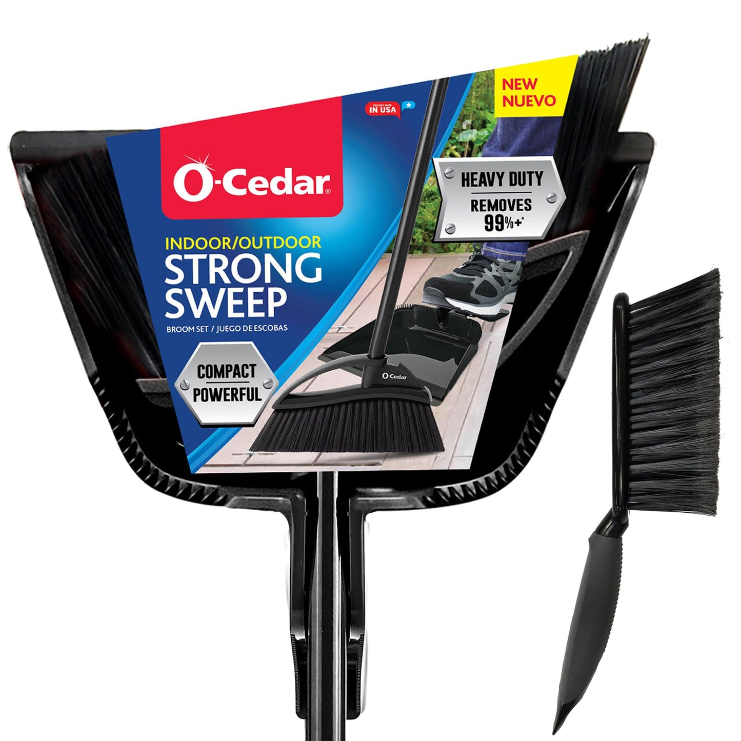 O-Cedar Strong Sweep Broom and Dustpan Set with Detail Brush | Indoor Outdoor Heavy Duty Stiff Bristle Broom | Step-On Dust Pan