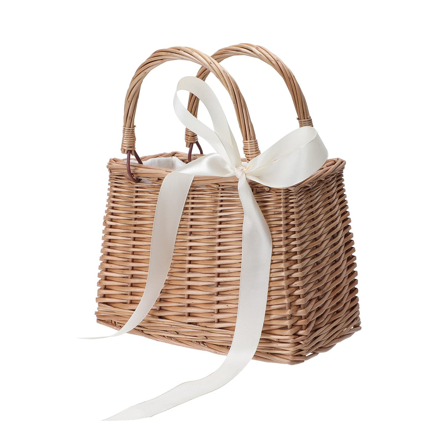 CARMELIT Flower Girl Basket Boho Style Rattan Baskets with White Ribbon for Weddings, Classic Wicker Handbag Basket Purse Baskets Bags Women Straw Tote with Handle