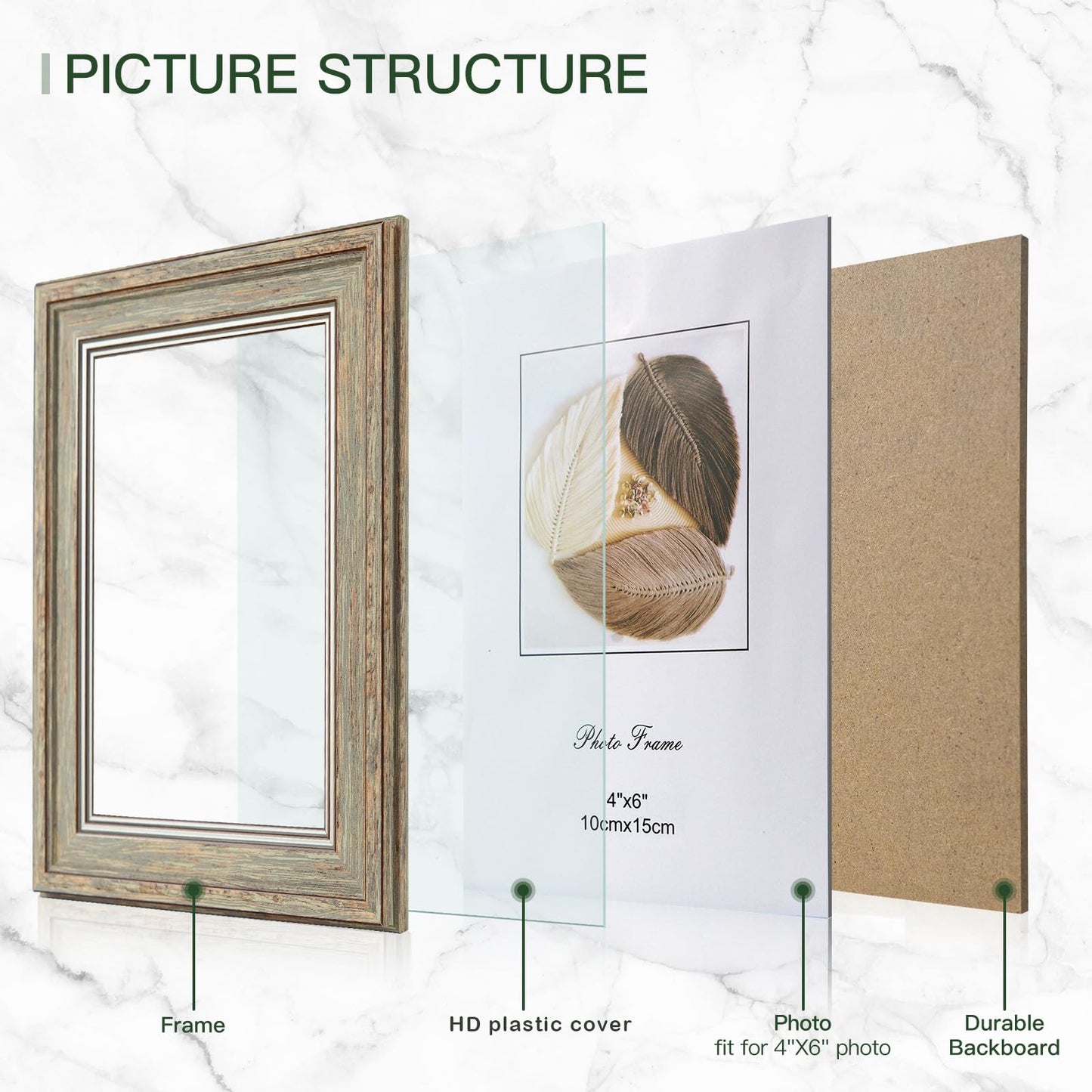 XUANLUO 3 Pack 4x6 Inch Picture Frames Farmhouse Rustic Vintage Distressed Wood Grain Photo Frame with HD plastic cover for Table Top Display and Wall Hanging