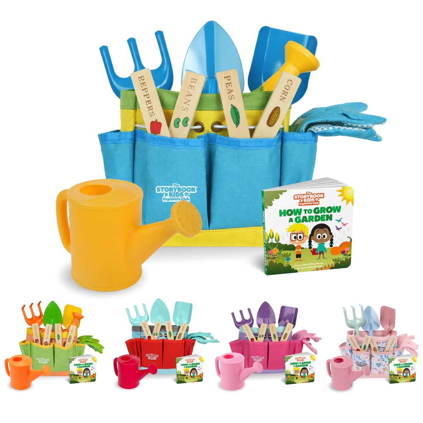 Blue Kids Gardening Tools - Includes Sturdy Tote Bag, Watering Can, Gloves, Shovels, Rake, and Delightful Children's Book - Kids Garden Tool Set -Easter Gifts for Toddler Age on up.
