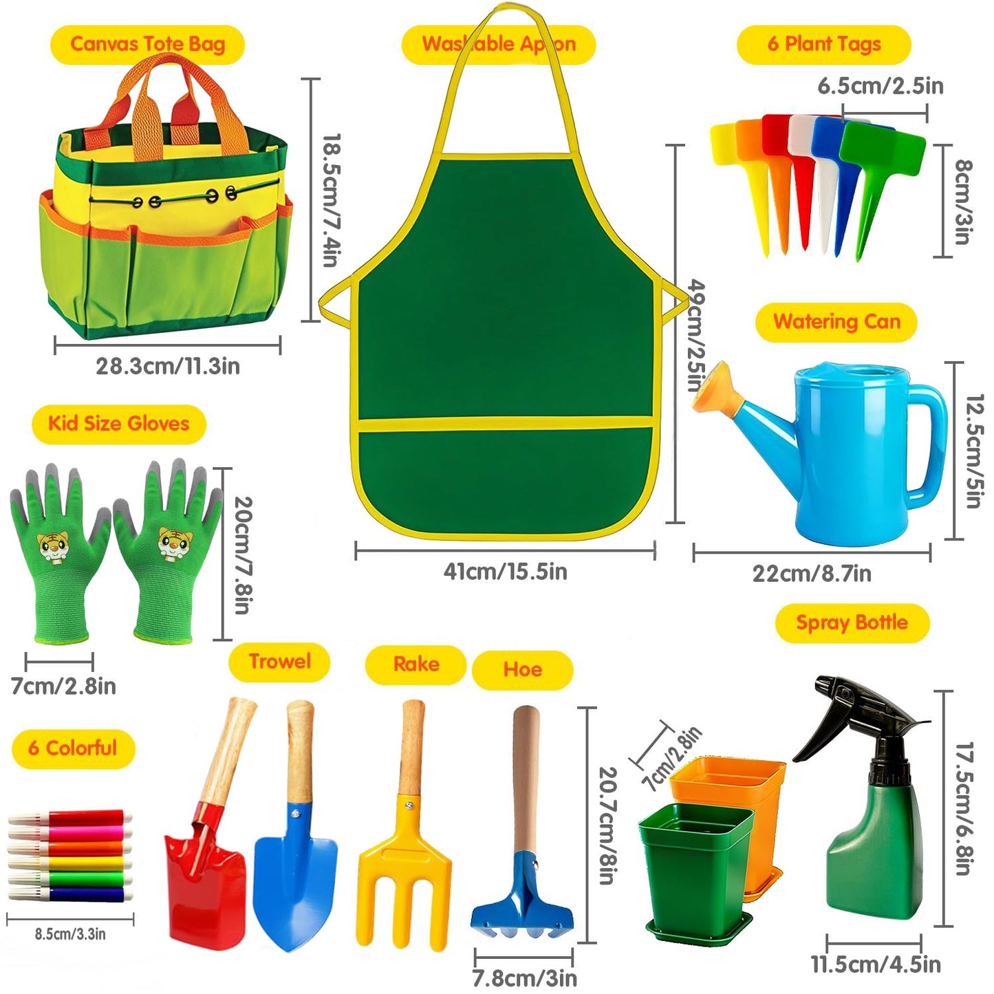 Kids Gardening Tools, Toddler Gardening Set for Kids Includes Rake, Shovel, Trowel, Apron Gloves Watering Can and Tote Bag, Spray Bottle, Kids Garden Tools Best Outdoor Toys Gift for Boys and Girls