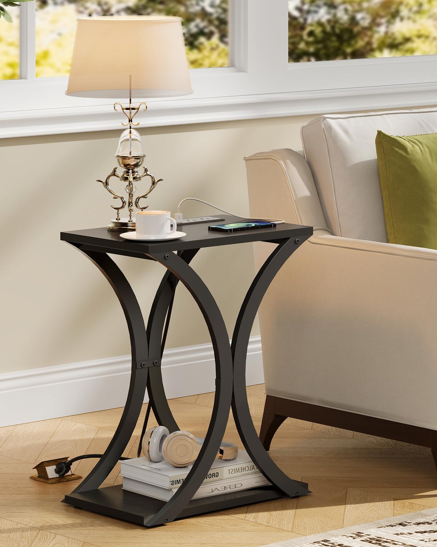CHOEZON End Table with Charging Station, 2-Tier Modern Side Table, Nightstand with Storage Shelf, for Small Spaces, for Living Room, Bedroom, Black TBZ20UBB
