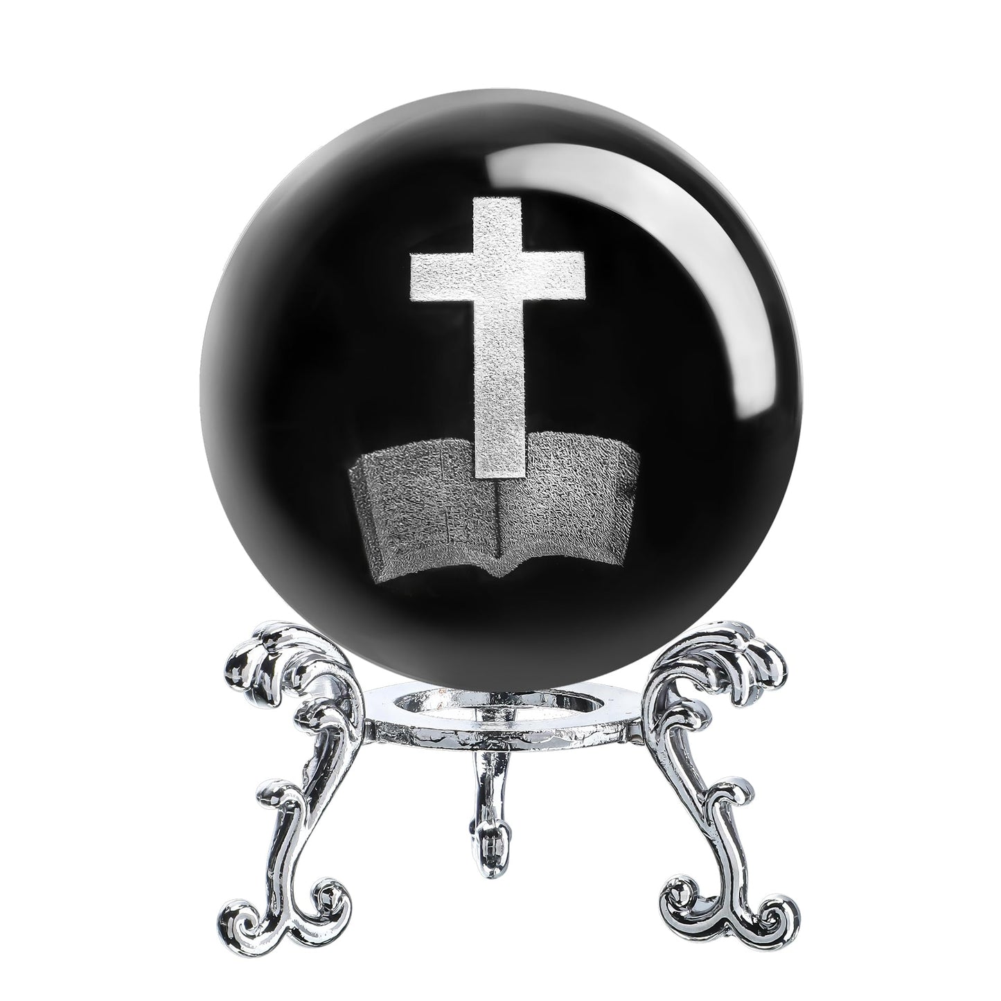 ZEERSHEE 3D Laser Engraved Cross Bible Crystal Ball with Stand Religious Christian Collectible Decoration for Home Office