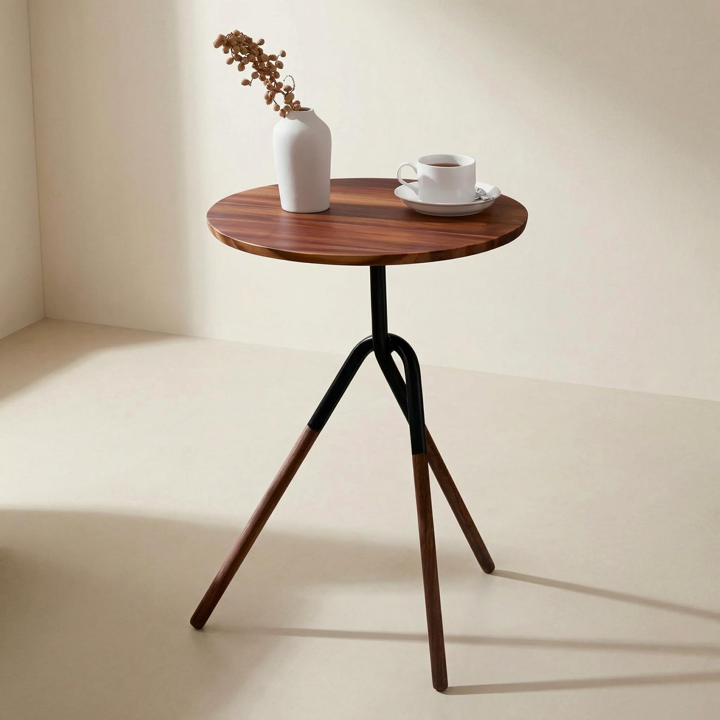 RECCI Small Round Side Table, Modern Solid Wood End Table with FSC Certified Wood & Knotted Metal Frame, Small Accent Couch Sofa Side Table for Living Room Bedroom, Walnut