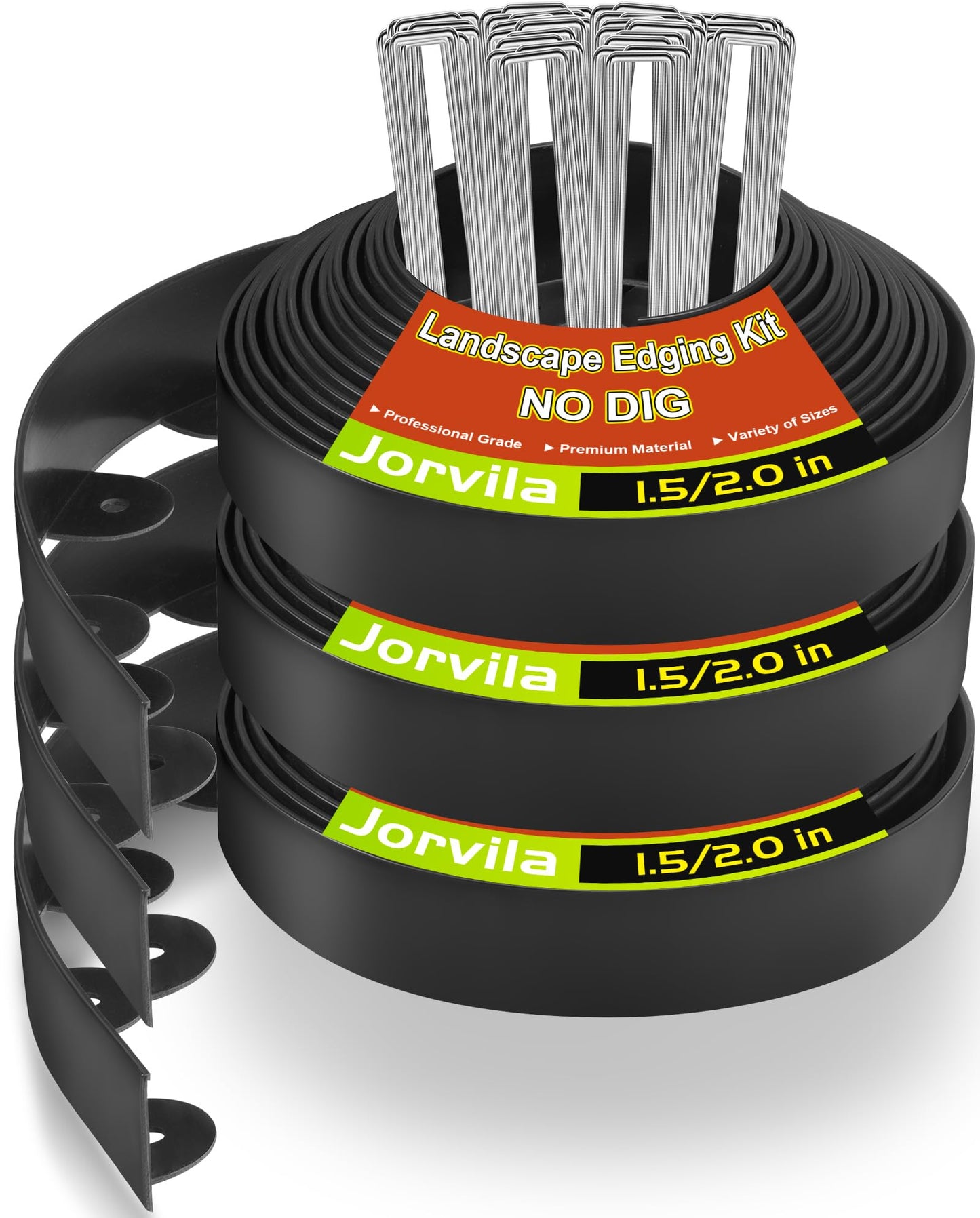 Jorvila Landscape Edging, 1.5" x 100' Plastic Garden Edging with 120 Pcs Metal Spikes, Flexible Garden Border for Lawn, Landscaping, Flower Beds